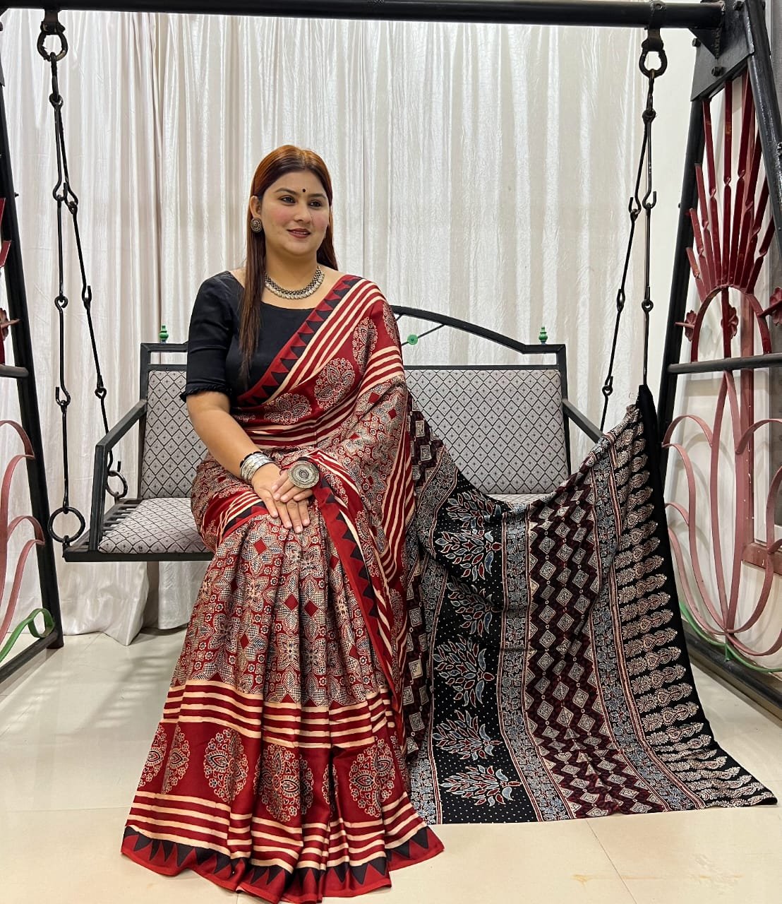 Ajrakh Modal Silk Natural Hand Block Print Saree - Red & Black 