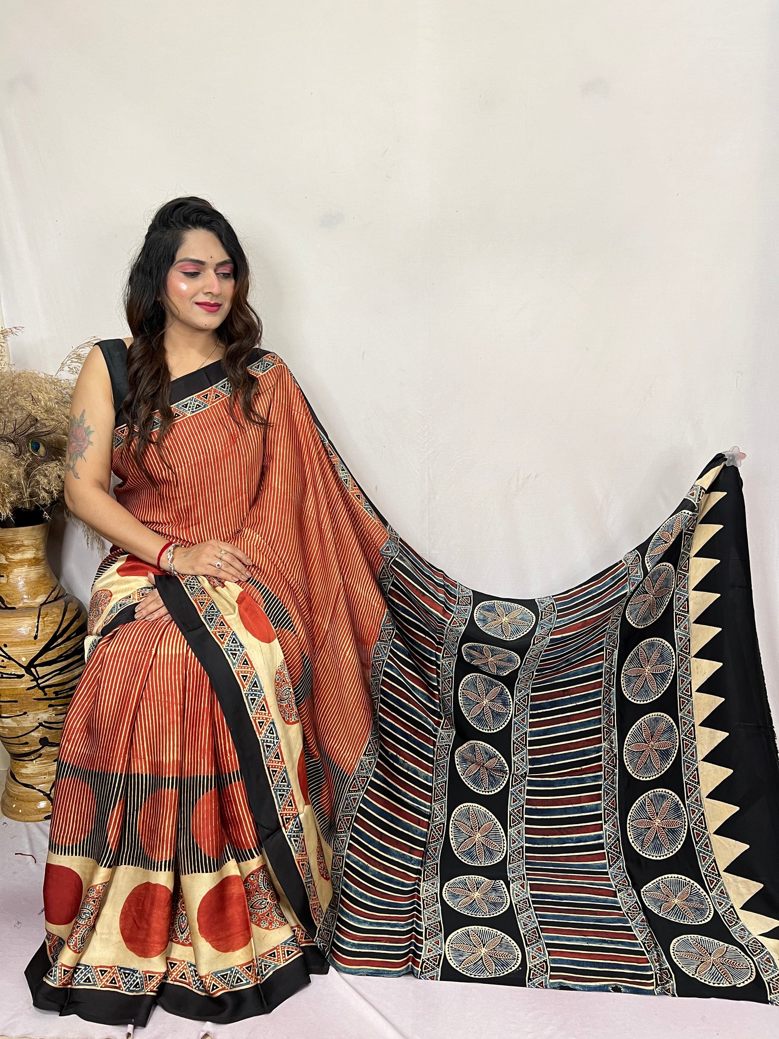 Ajrakh Modal Silk Natural Hand Block Print Saree (Black & Red)