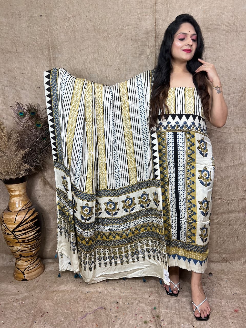 Ajrakh Modal Silk Natural Hand Block Print 2Pcs Suit - Cream & Yallow 