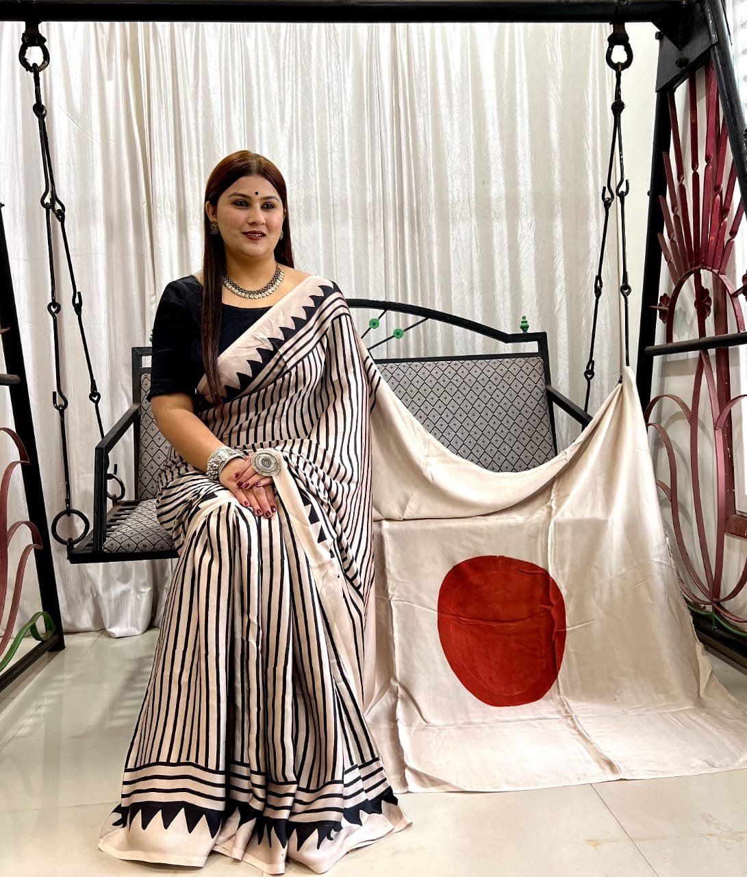 Ajrakh Modal Silk Natural Hand Block Print Saree (Cream)