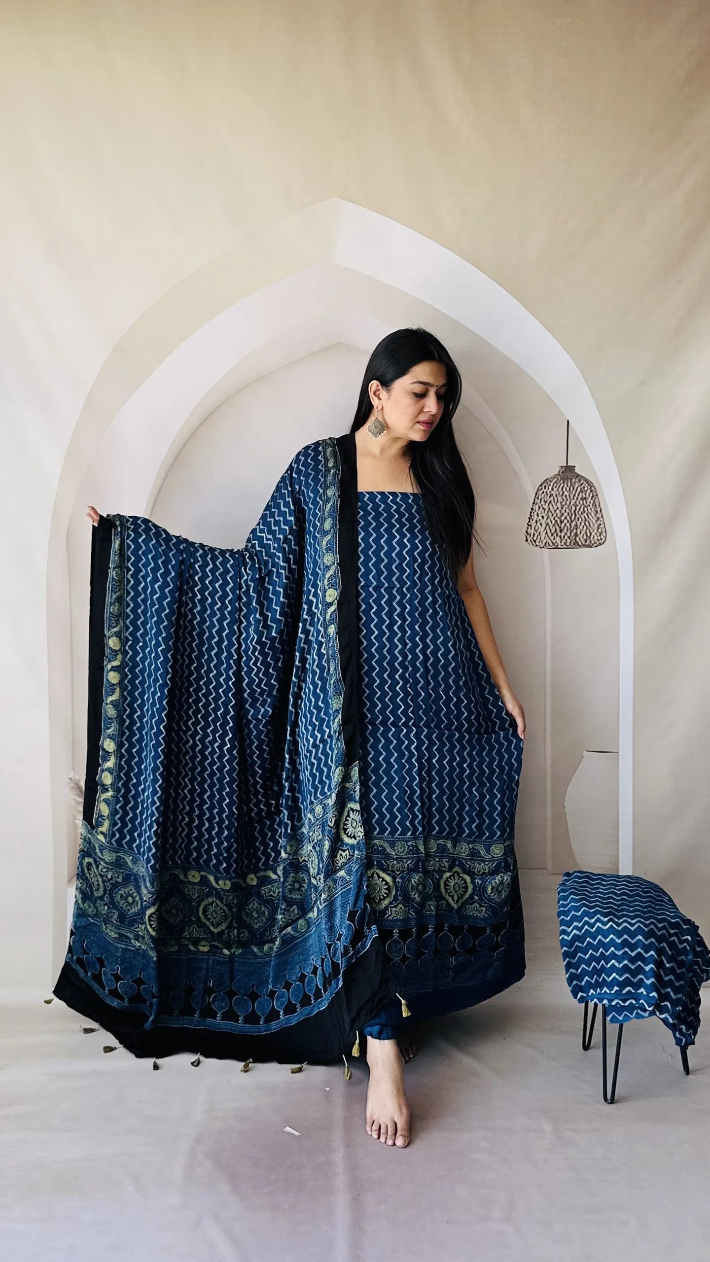 Ajrakh Modal Silk Natural Hand Block Print 3Pcs Suit - Indigo Blue 