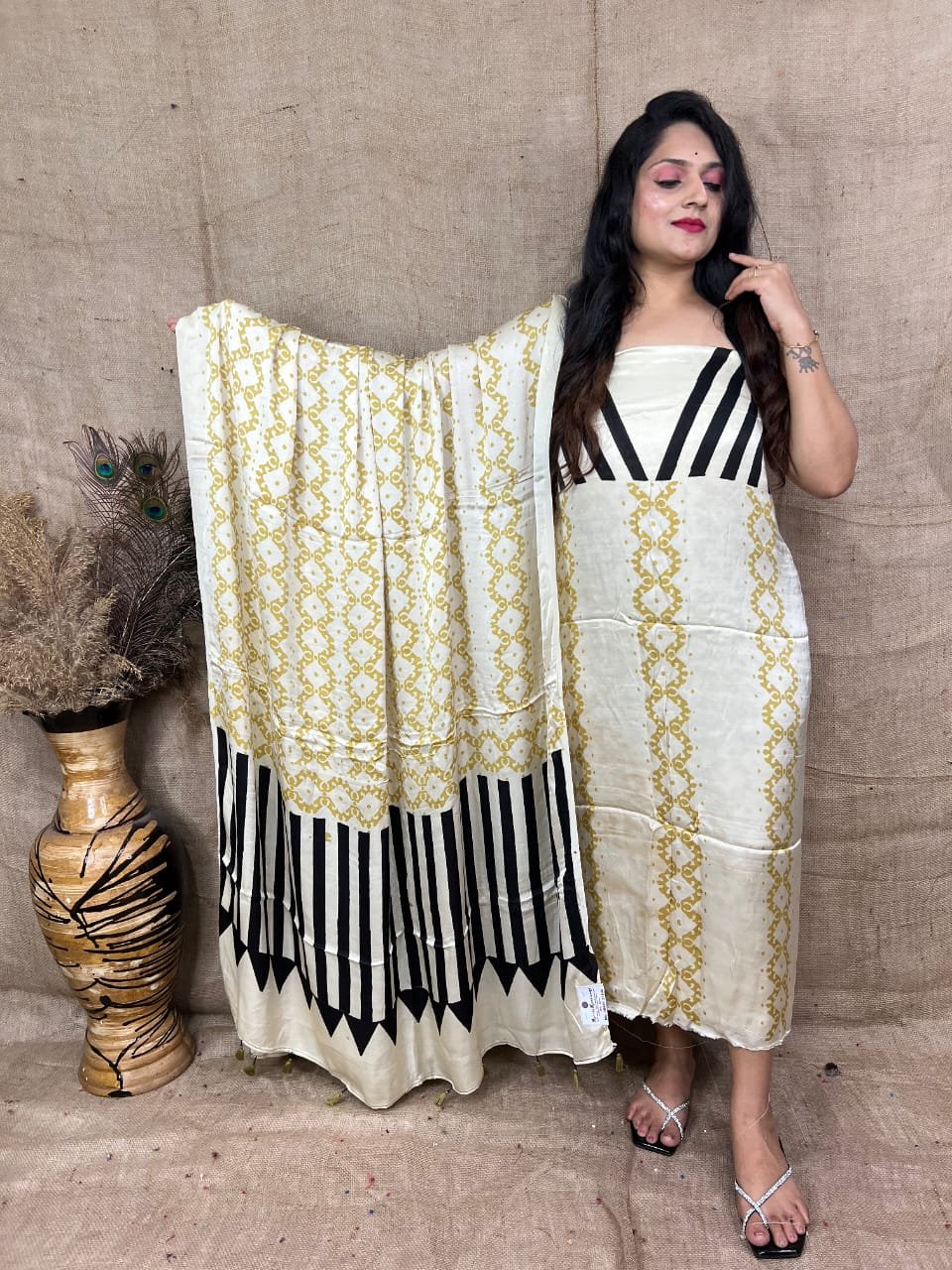 Ajrakh Modal Silk Natural Hand Block Print 2Pcs Suit - Cream & Yallow 