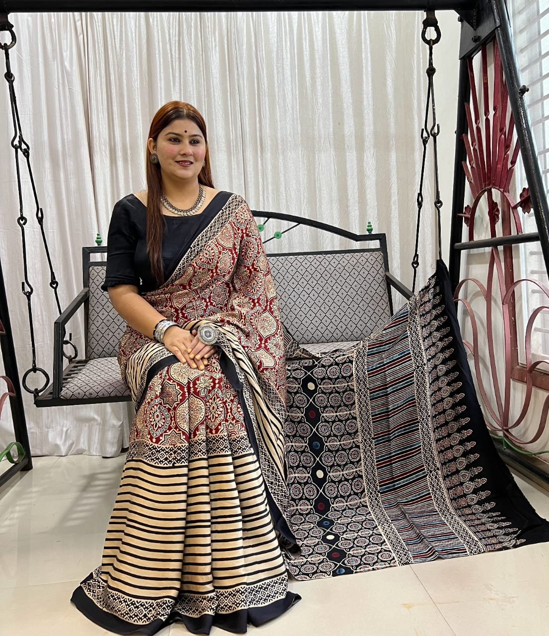 Ajrakh Modal Silk Natural Hand Block Print Saree - Cream & Black 