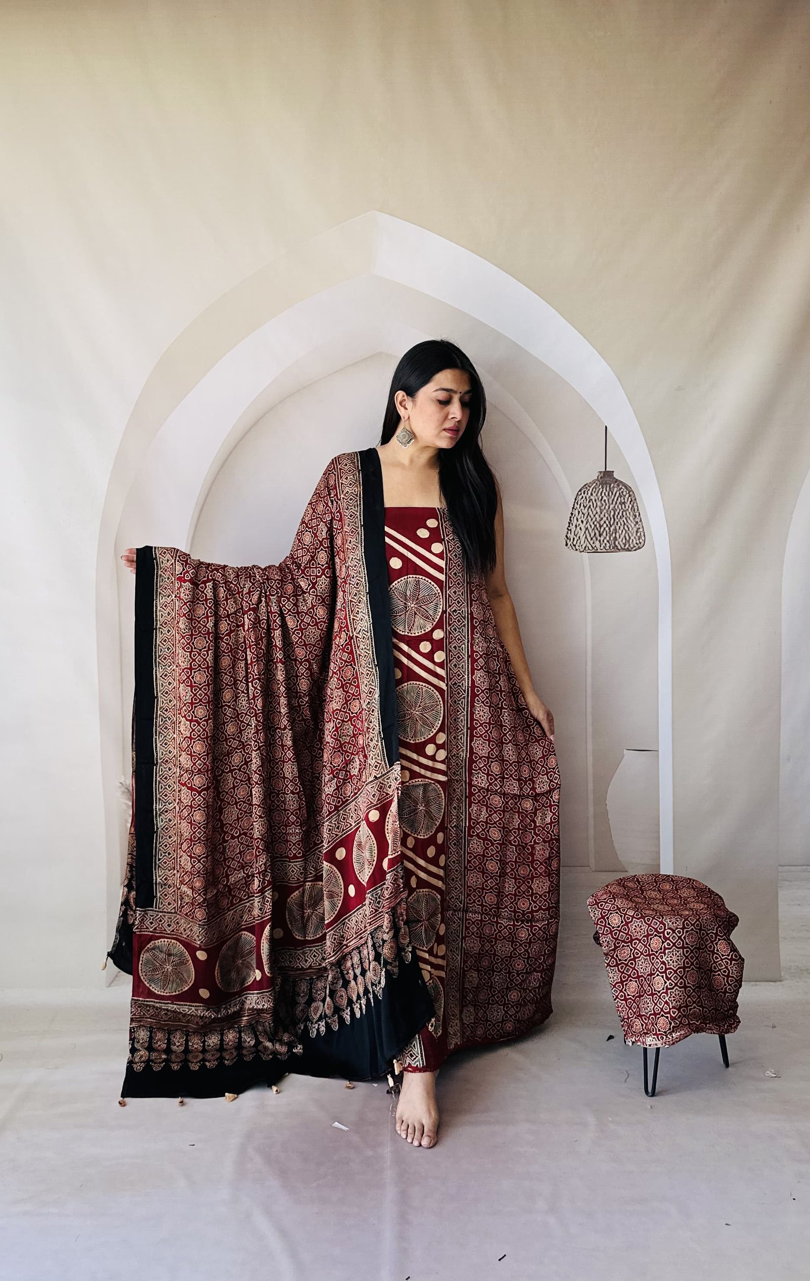 Ajrakh Modal Silk Natural Hand Block Print 3Pcs Suit- Red