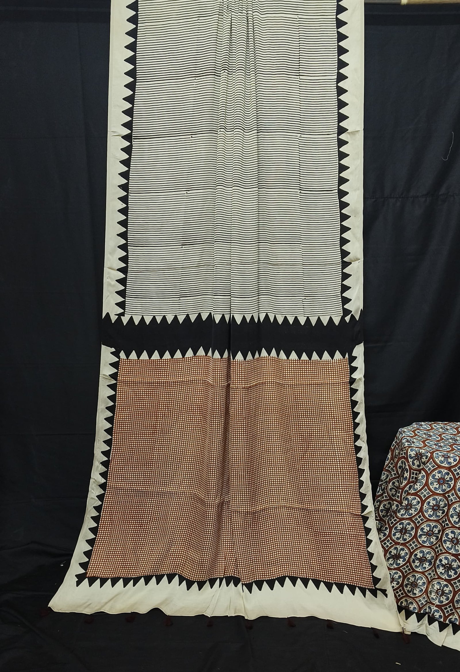 Ajrakh Modal Silk Natural Hand Block Print Saree - Cream