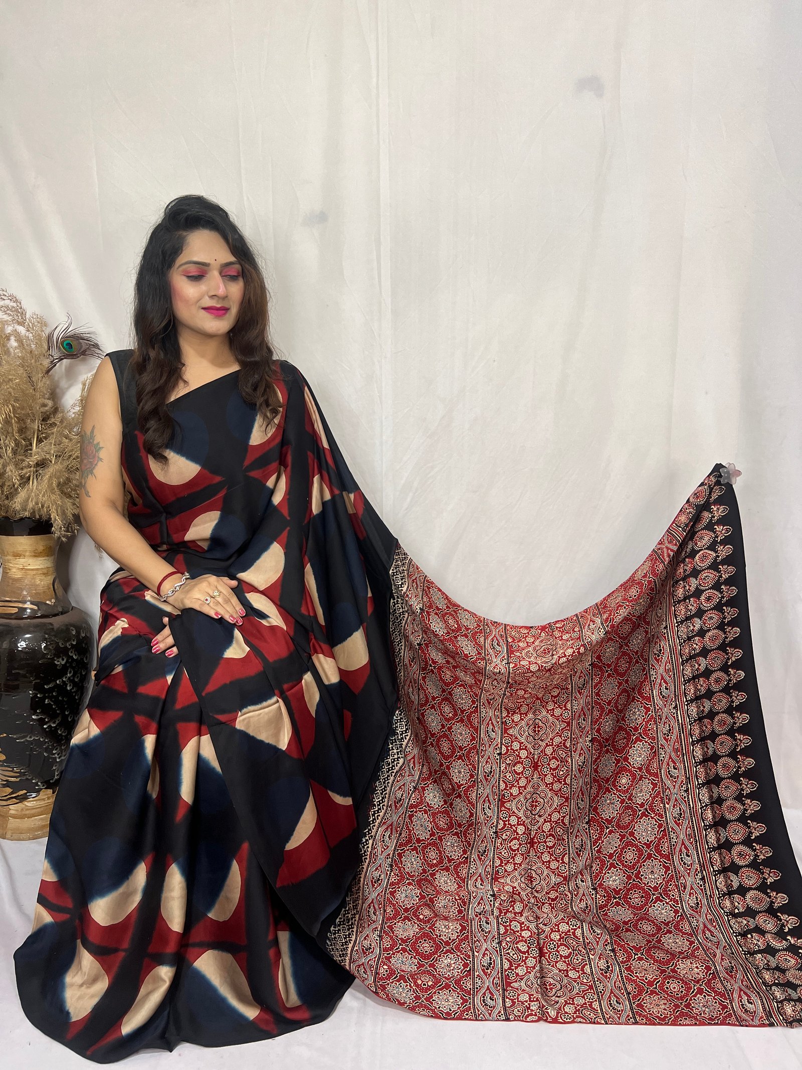 Ajrakh Modal Silk Natural Hand Block Print with clamp daying Saree (red)