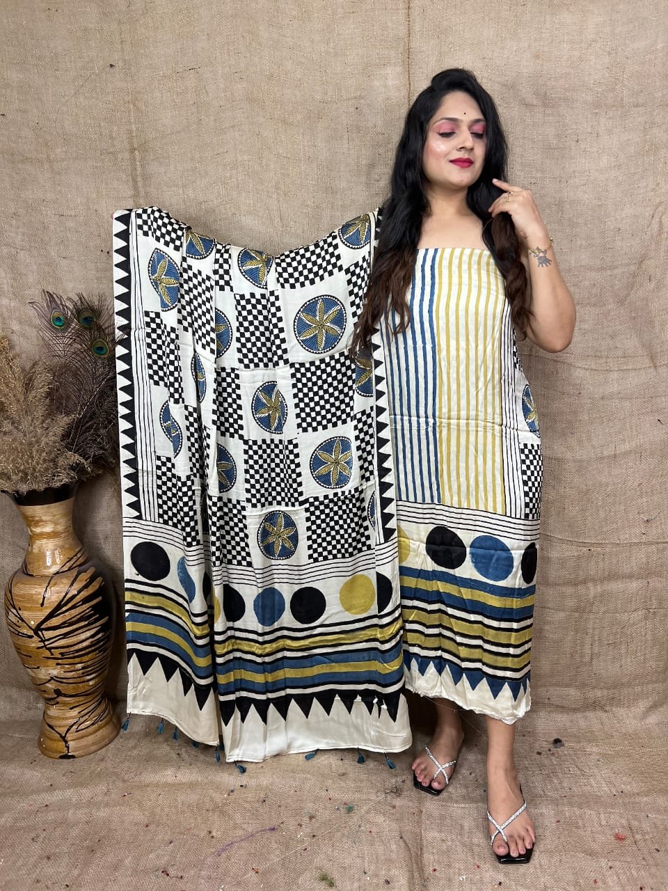 Ajrakh Modal Silk Natural Hand Block Print 2Pcs Suit - Cream & Yallow 