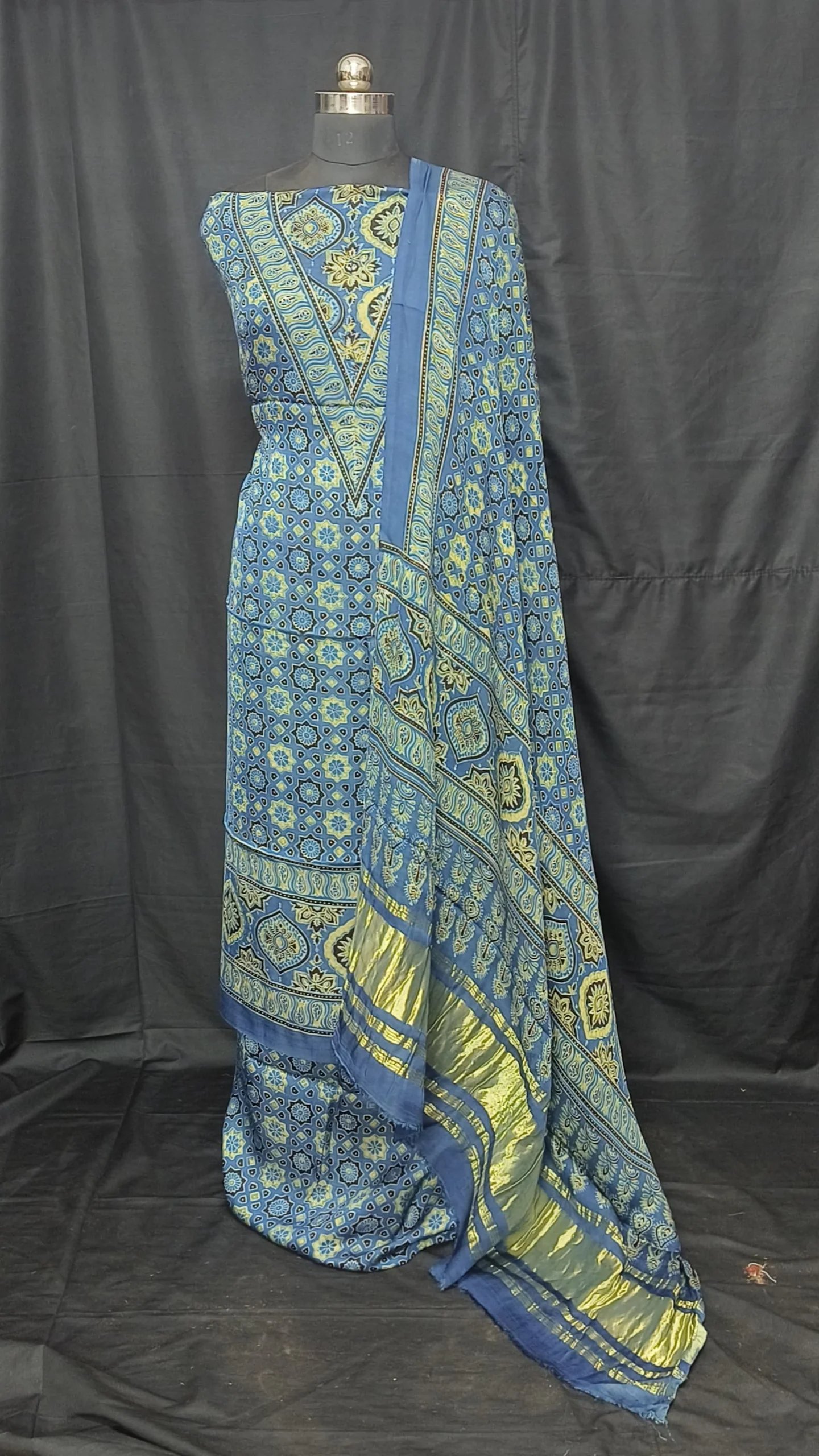 Ajrakh Modal Silk Natural Hand Block Print 3Pcs Suit -  Blue 
