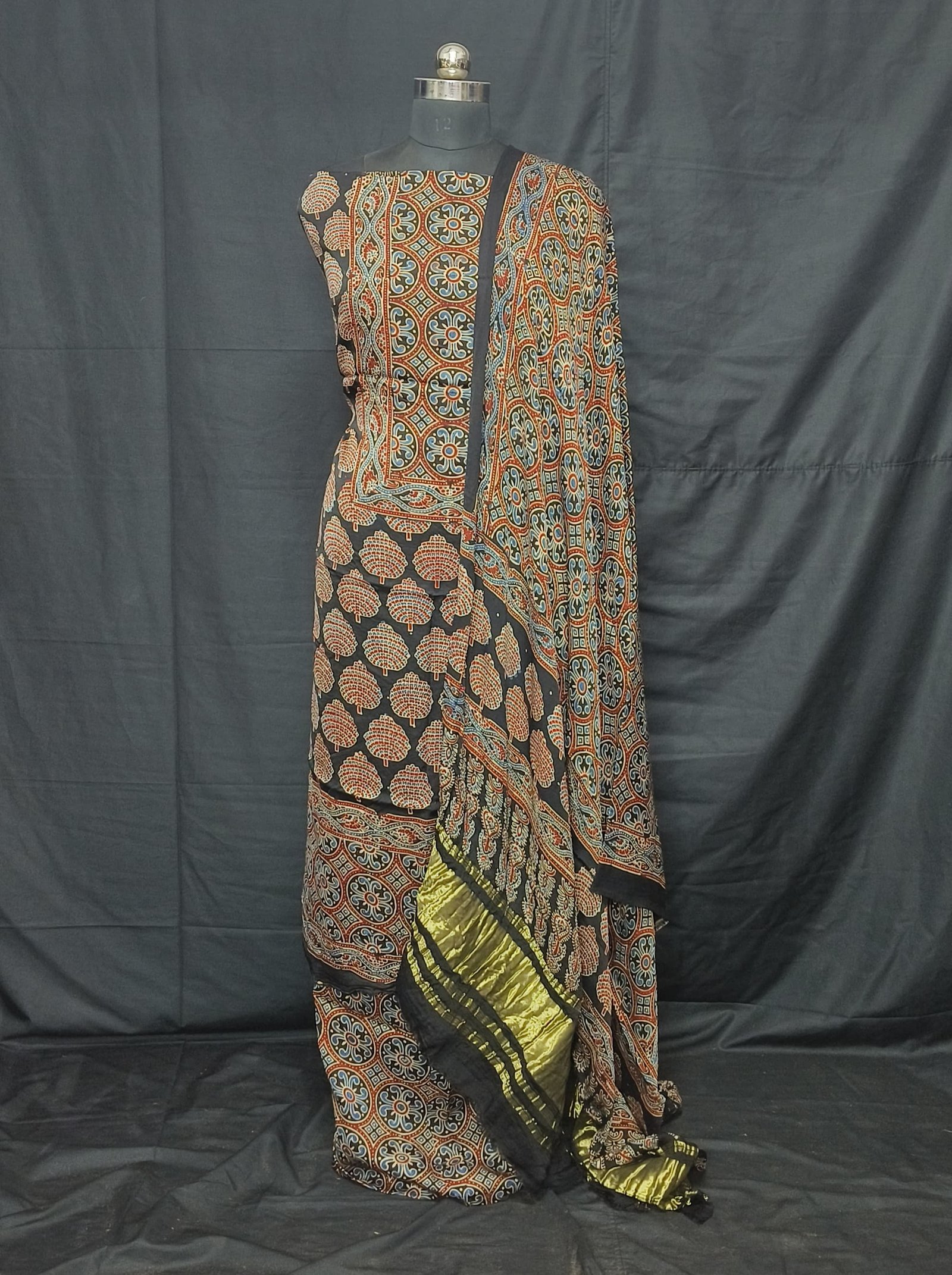 Ajrakh Modal Silk Natural Hand Block Print 3Pcs Suit - Black 