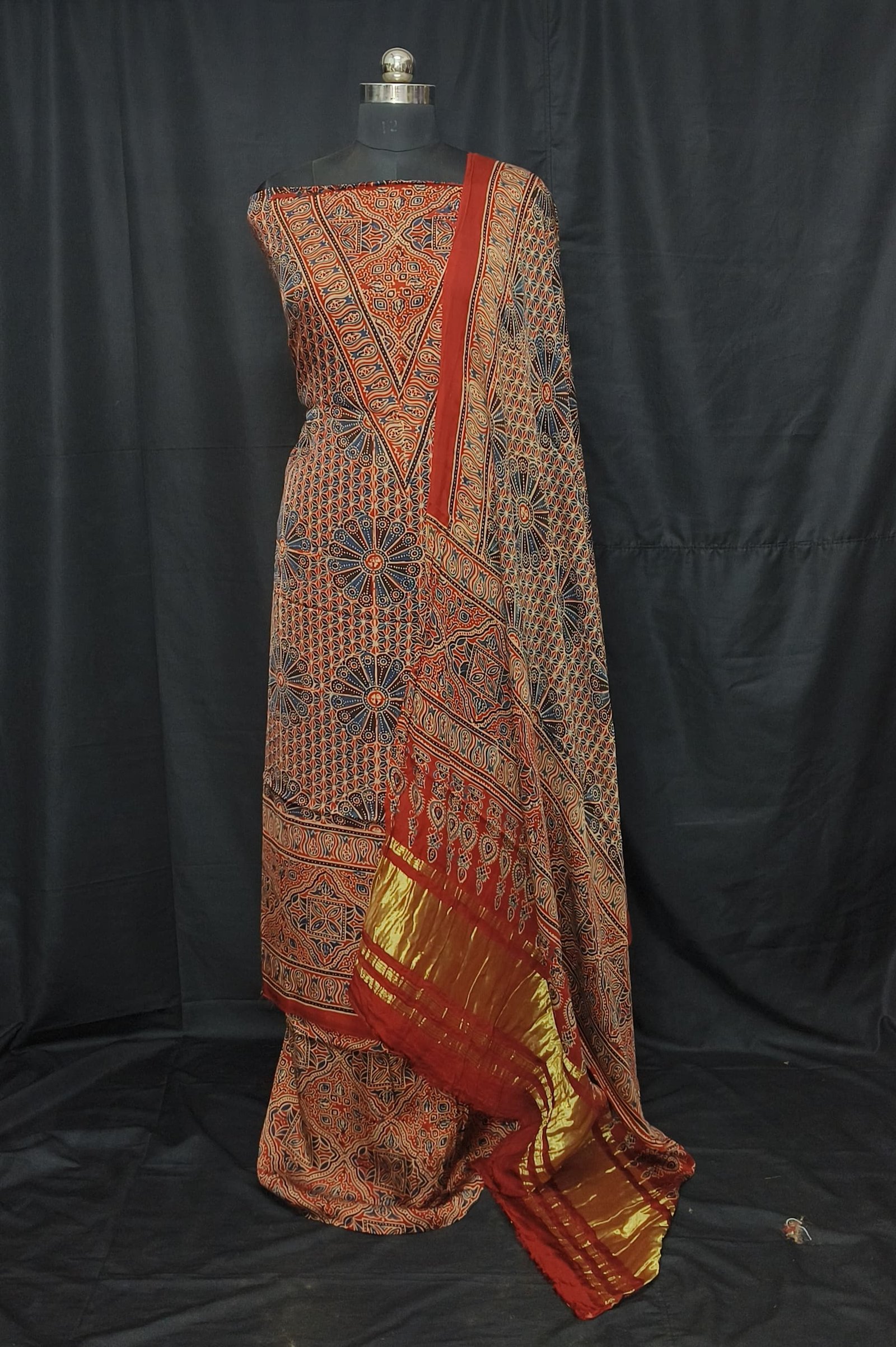 Ajrakh Modal Silk Natural Hand Block Print 3Pcs Suit - Red 