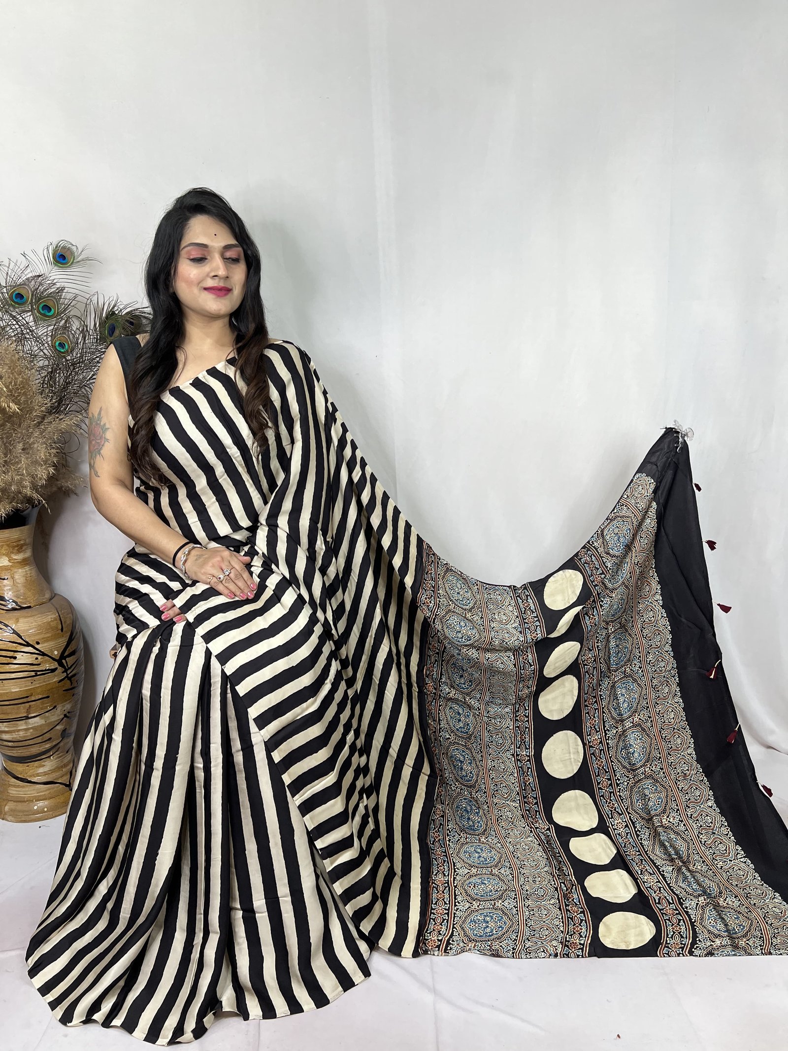 Ajrakh Modal Silk Natural Hand Block Print Saree - Black 