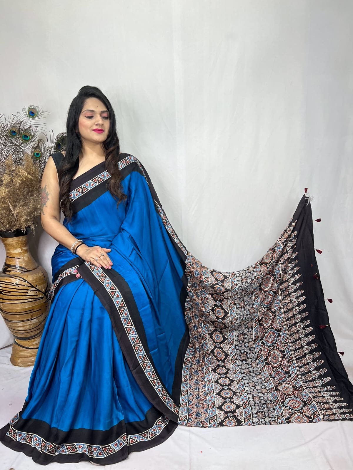 Ajrakh Modal Silk Natural Hand Block Print Saree - Blue