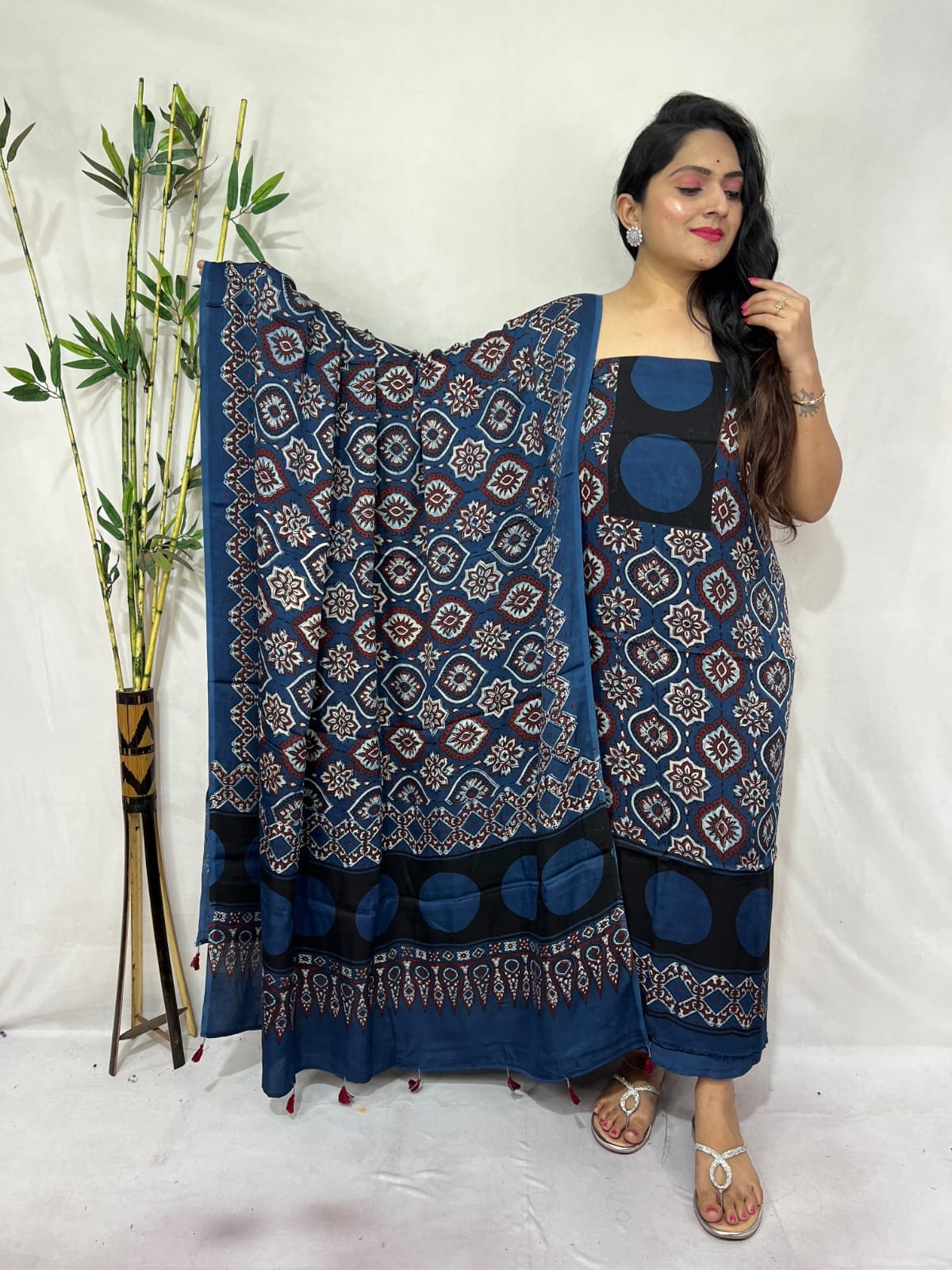 Ajarkh Modal Silk Natural Hand Block Print 2Pcs Suit - Indigo Blue 