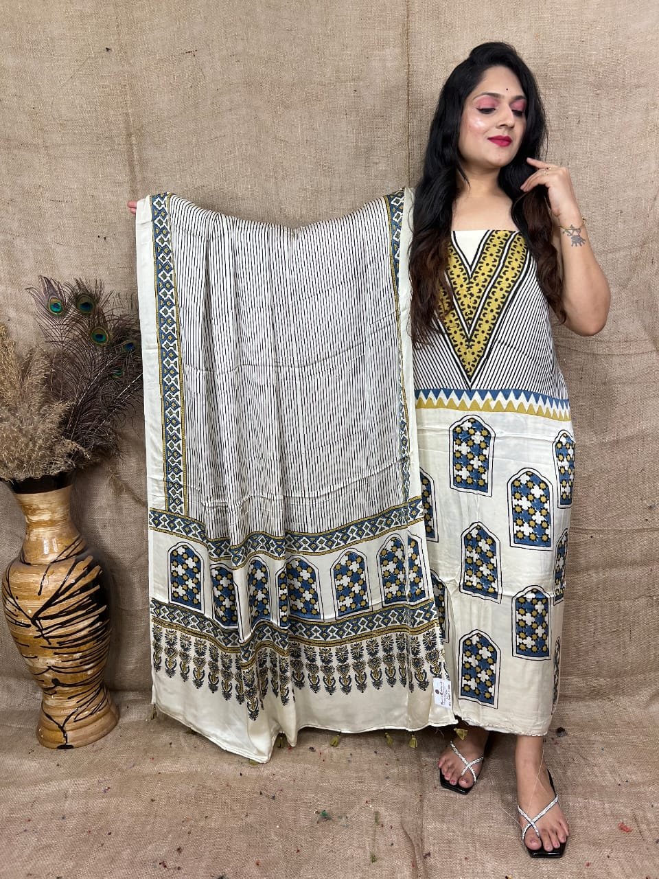 Ajrakh Modal Silk Natural Hand Block Print 2Pcs Suit - Cream & Yallow 