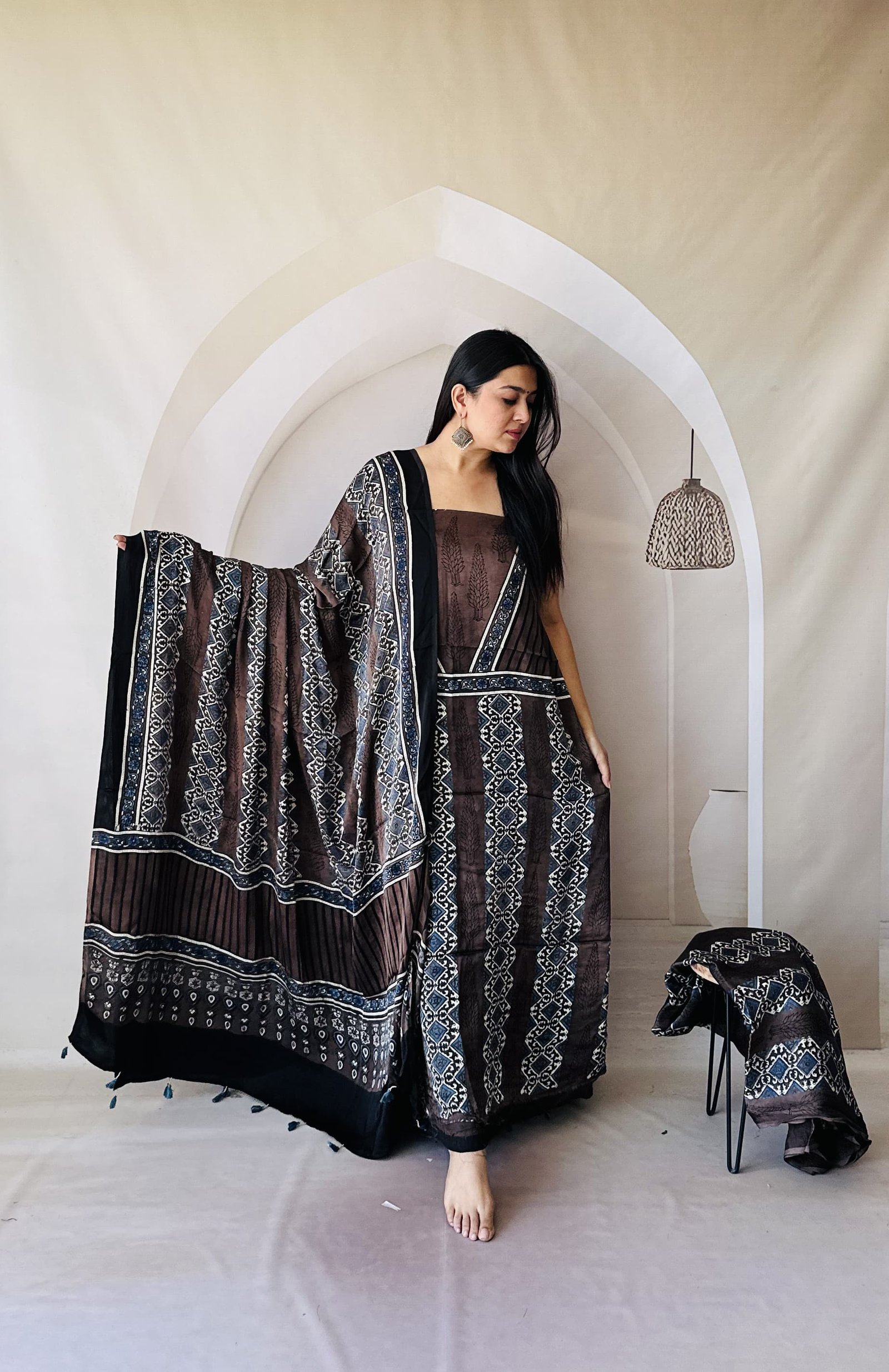 Ajrakh Modal Silk Natural Hand Block Print 3Pcs Suit - Coffee 