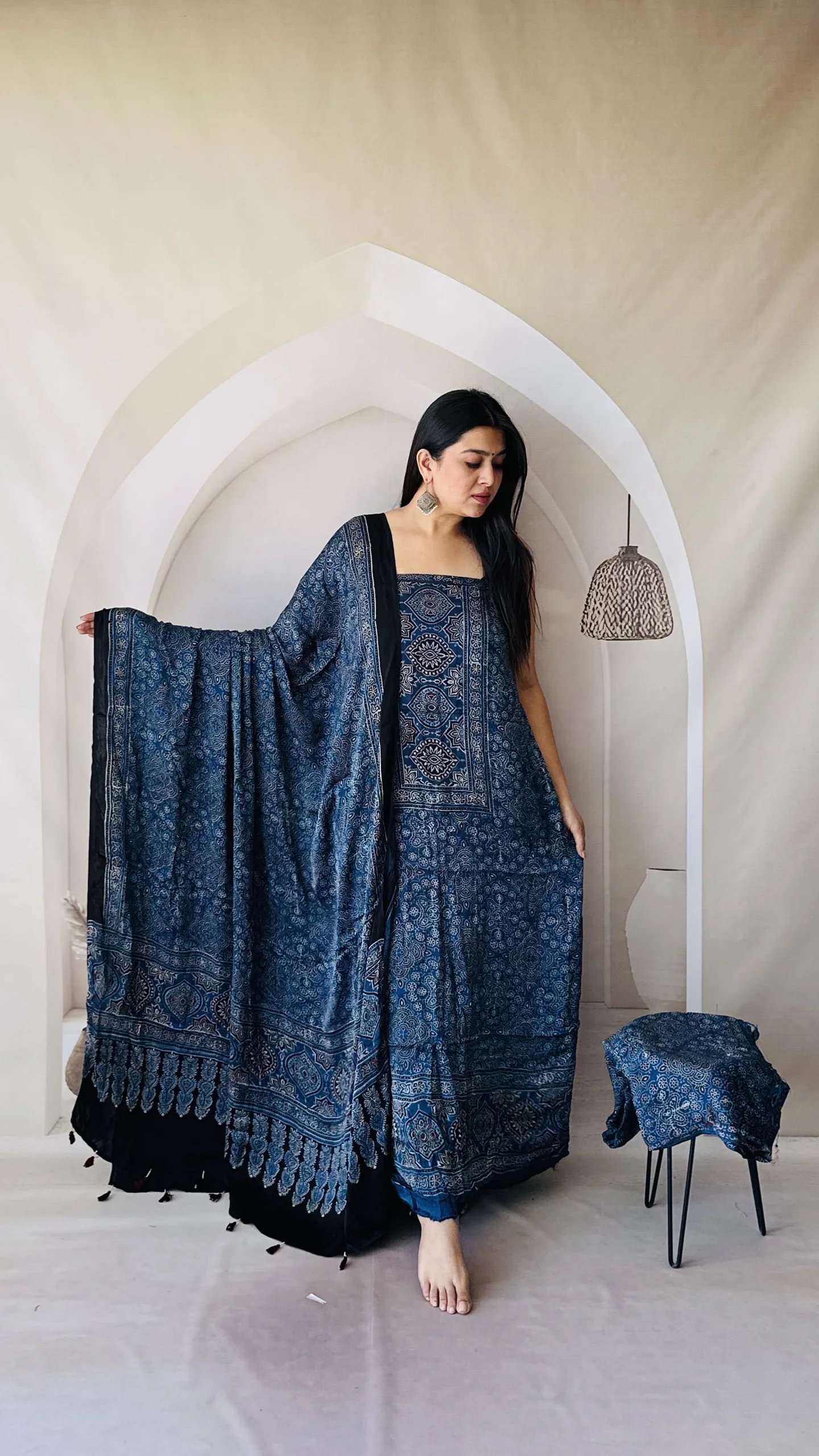 Ajrakh Modal Silk Natural Hand Block Print 3Pcs Suit - Indigo Blue 