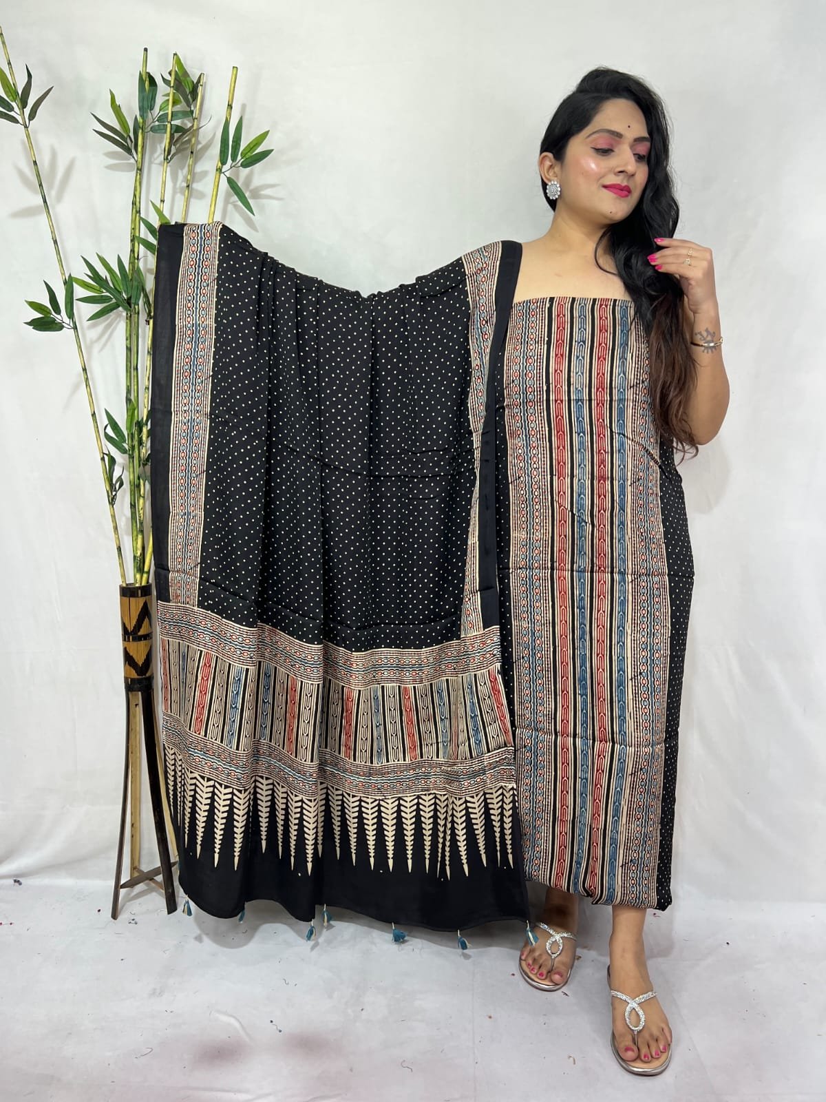 Ajarkh Modal Silk Natural Hand Block Print 2Pcs Suit - Black 