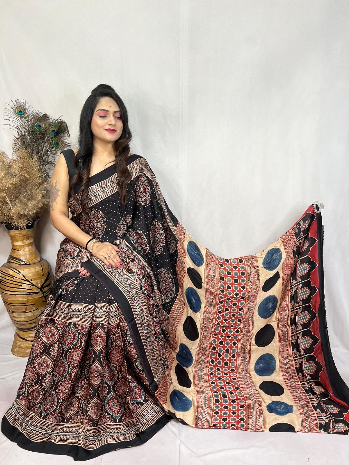 Ajrakh Modal Silk Natural Hand Block Print Saree - Black & Red