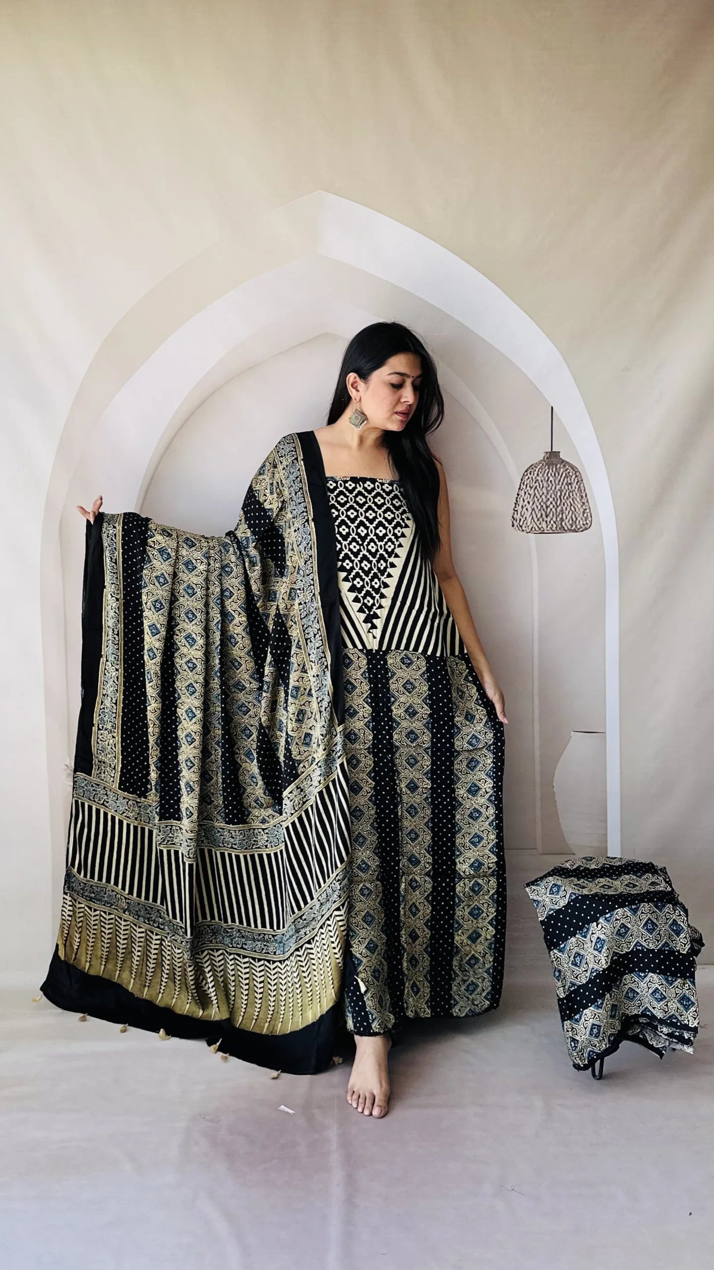 Ajrakh Modal Silk Natural Hand Block Print 3Pcs Suit - Black 