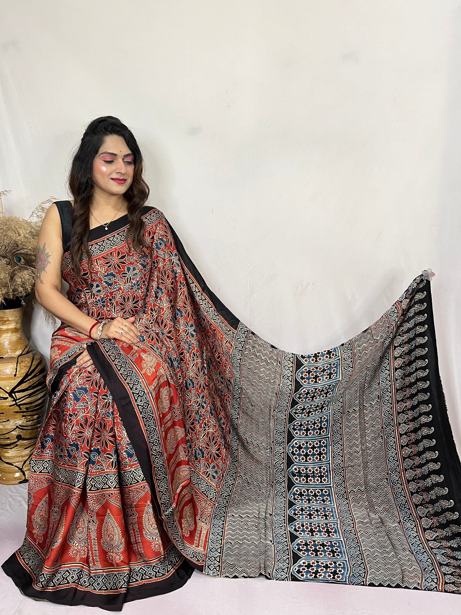 Ajrakh Modal Silk Natural Hand Block Print Saree (Black & red)