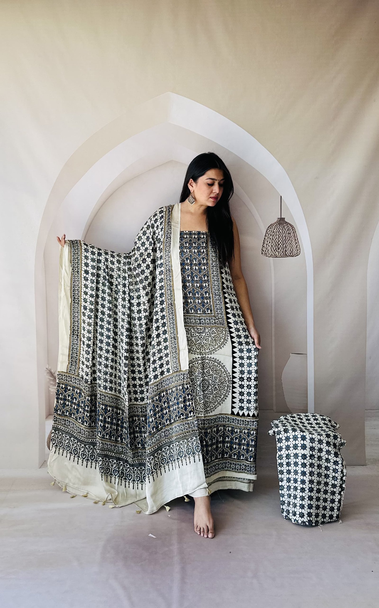 Ajrakh Modal Silk Natural Hand Block Print 3Pcs Suit - Cream 