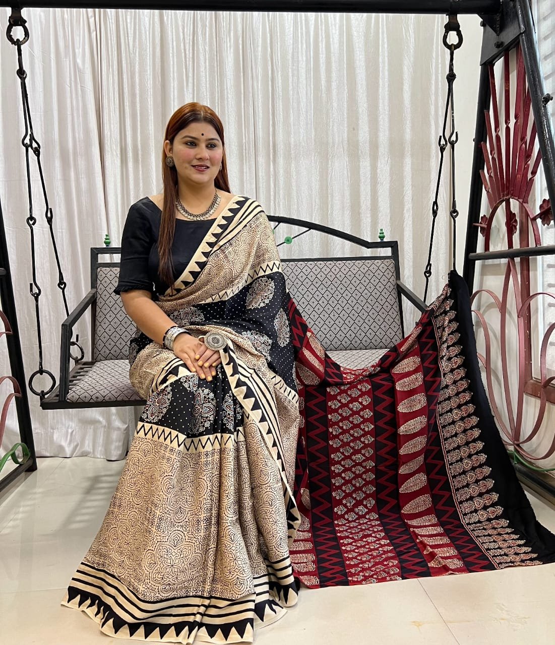 Ajrakh Modal Silk Natural Hand Block Print Saree - Cream & Red 