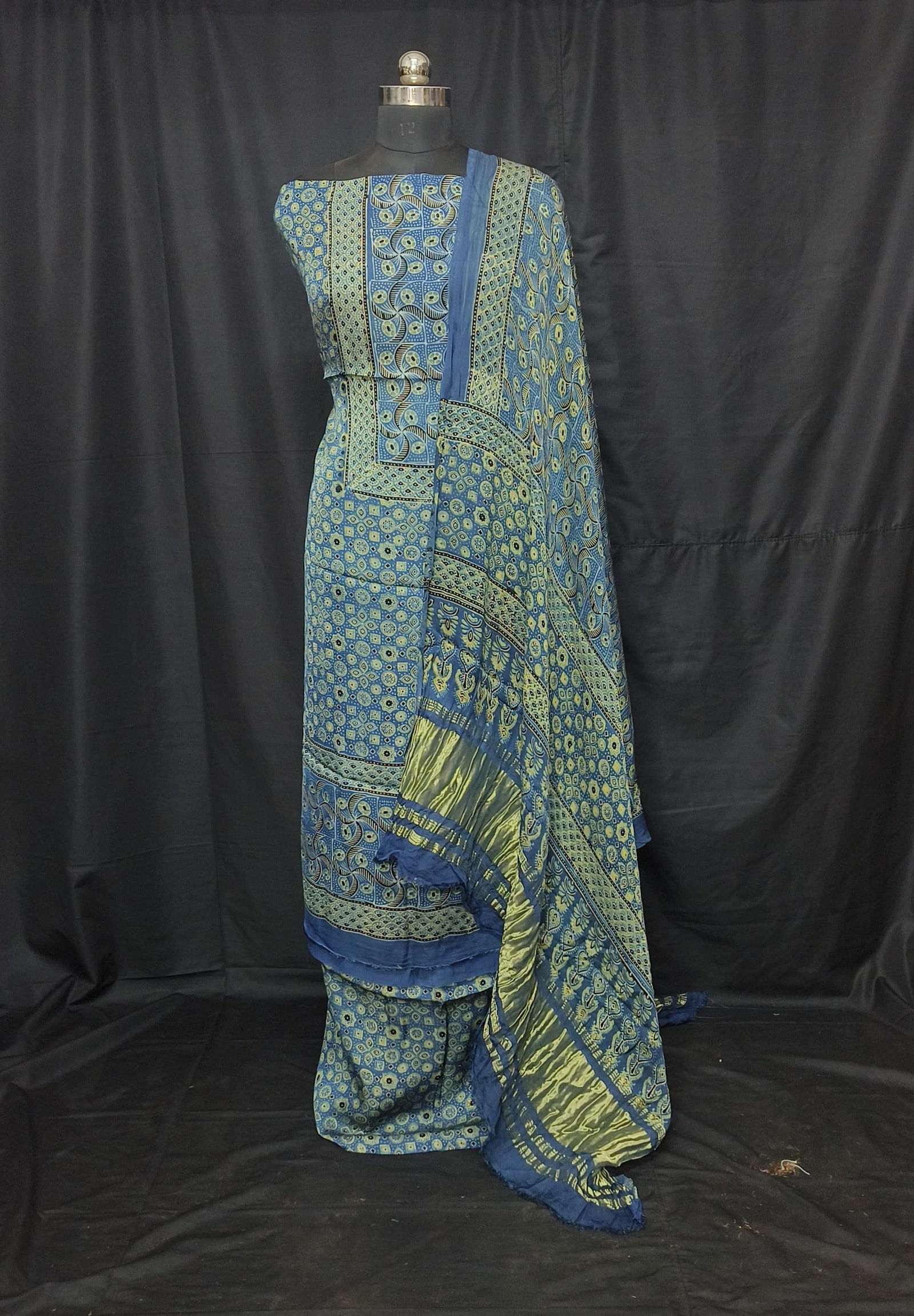 Ajrakh Modal Silk Natural Hand Block Print 3Pcs Suit - Indigo Blue 