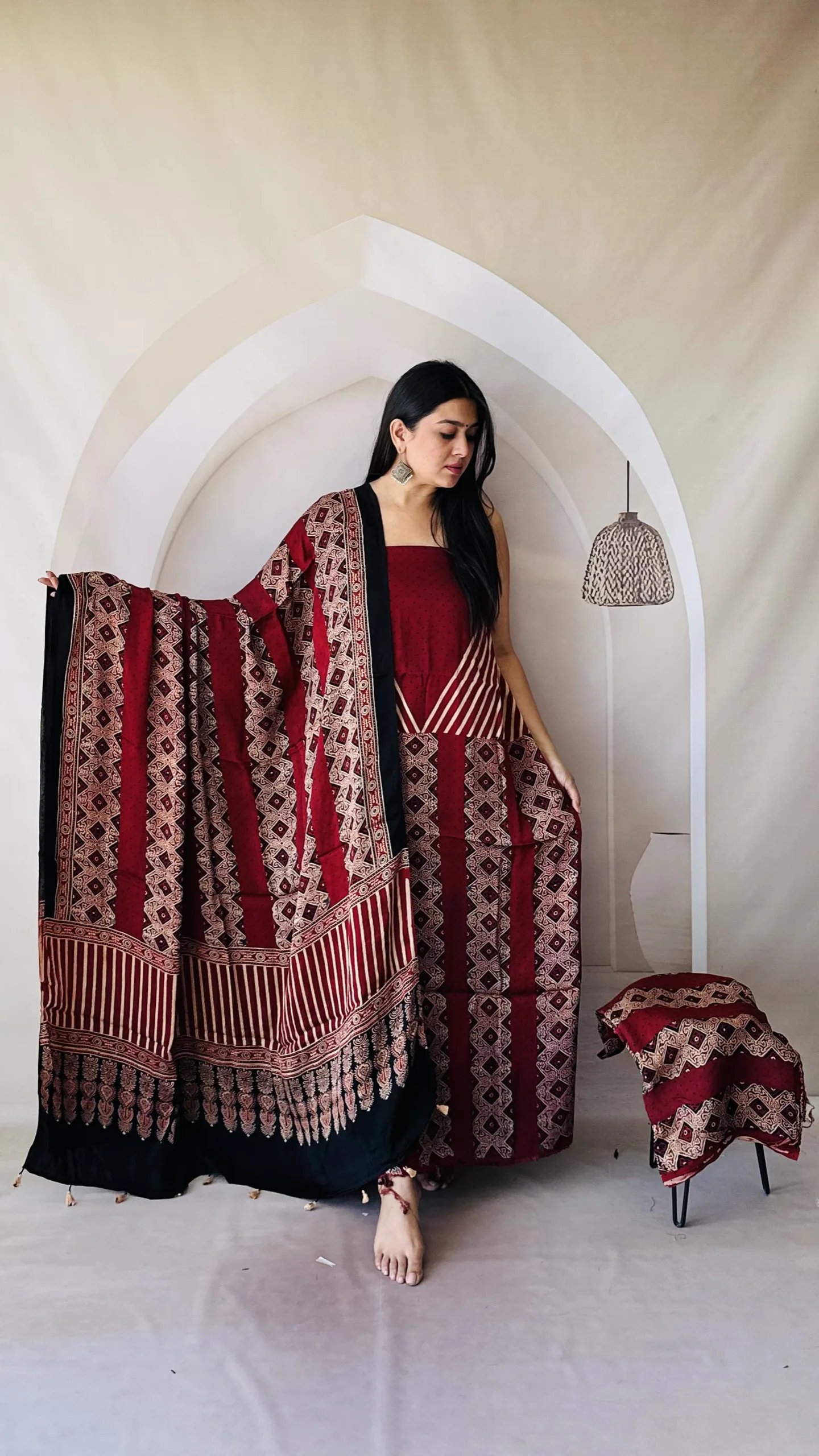 Ajrakh Modal Silk Natural Hand Block Print 3Pcs Suit - Red