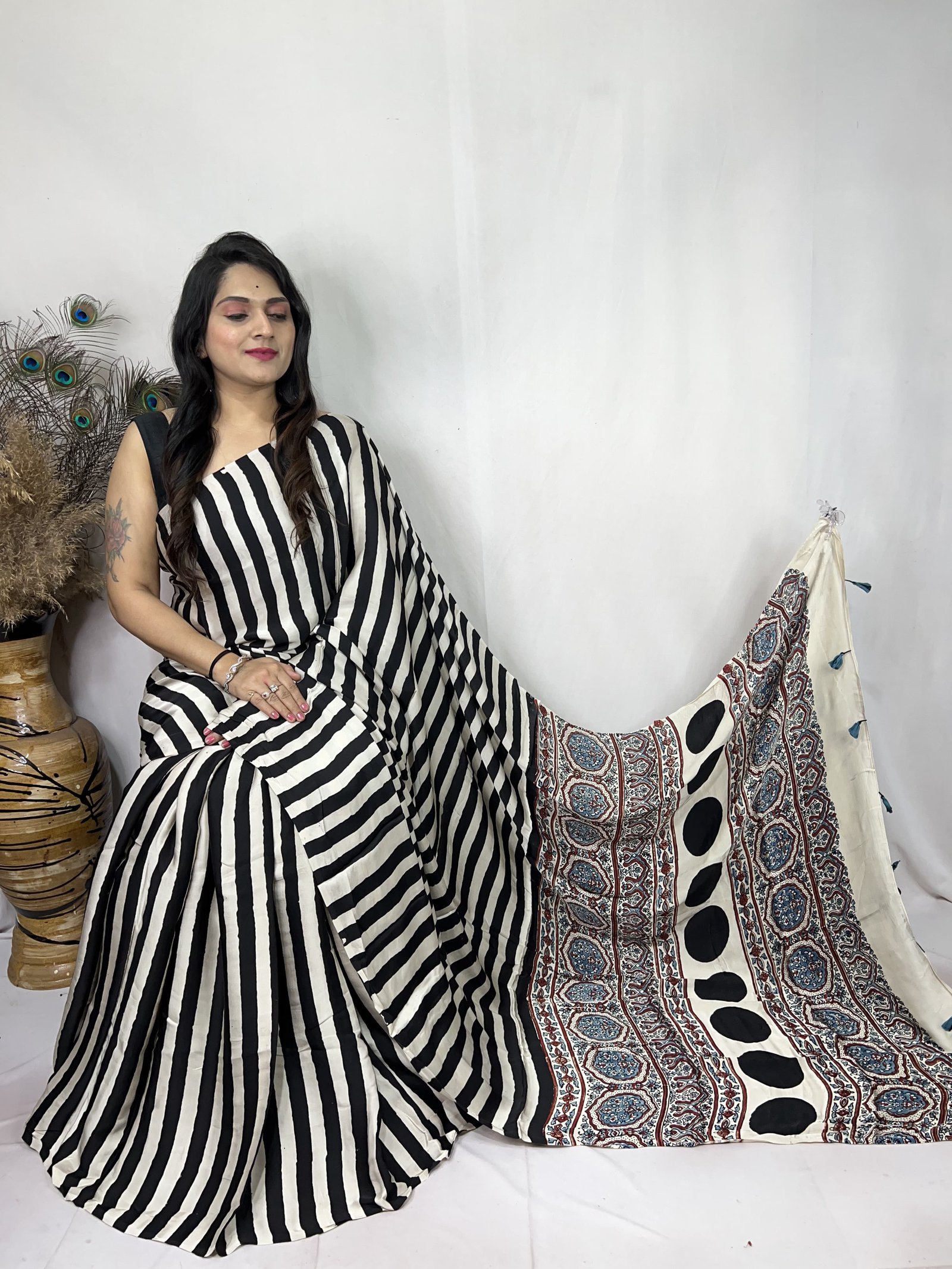 Ajrakh Modal Silk Natural Hand Block Print Saree - Cream & Black 