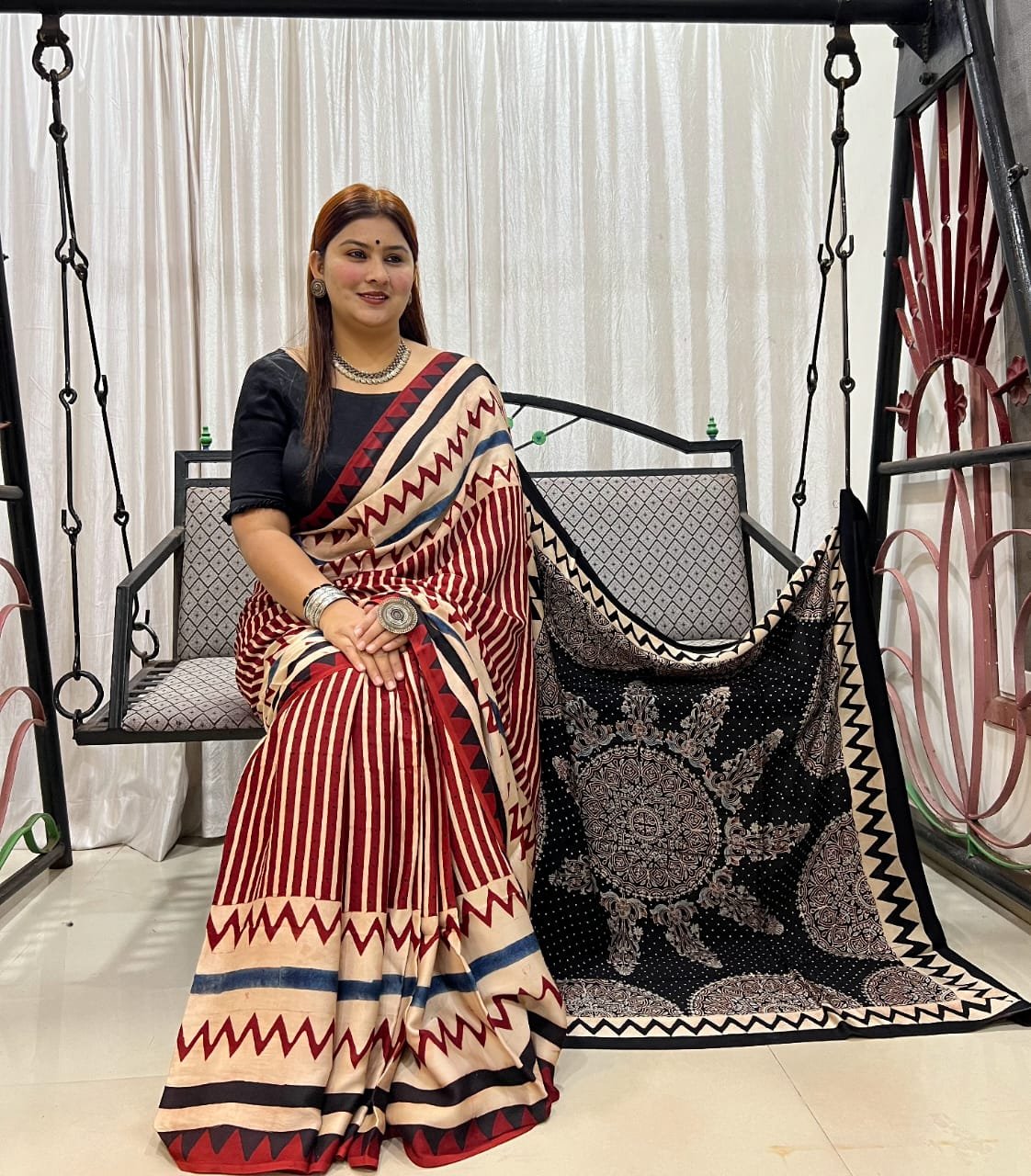 Ajrakh Modal Silk Natural Hand Block Print Saree - Red & Black 