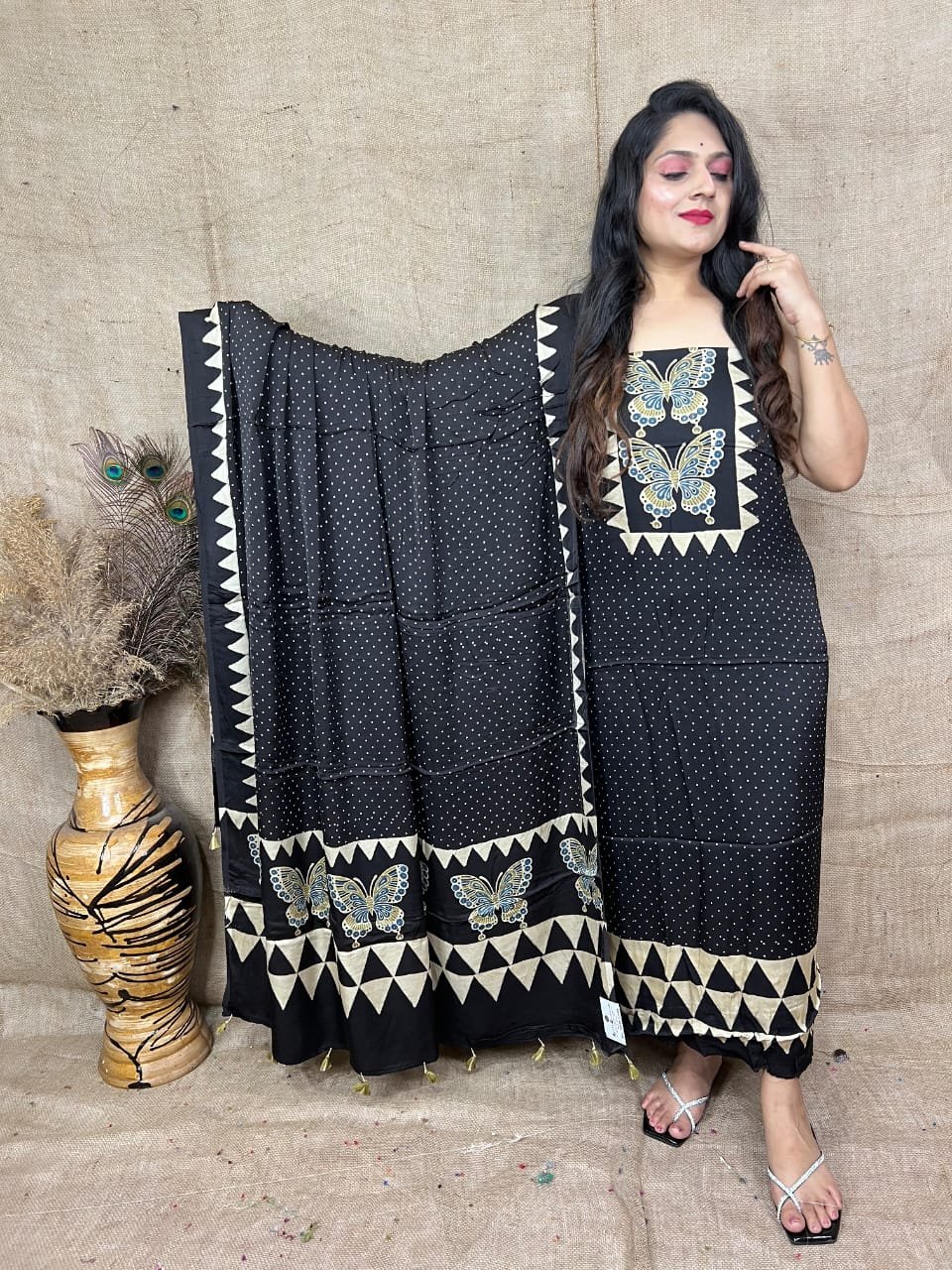 Ajrakh Modal Silk Natural Hand Block Print 2Pcs Suit - Black 