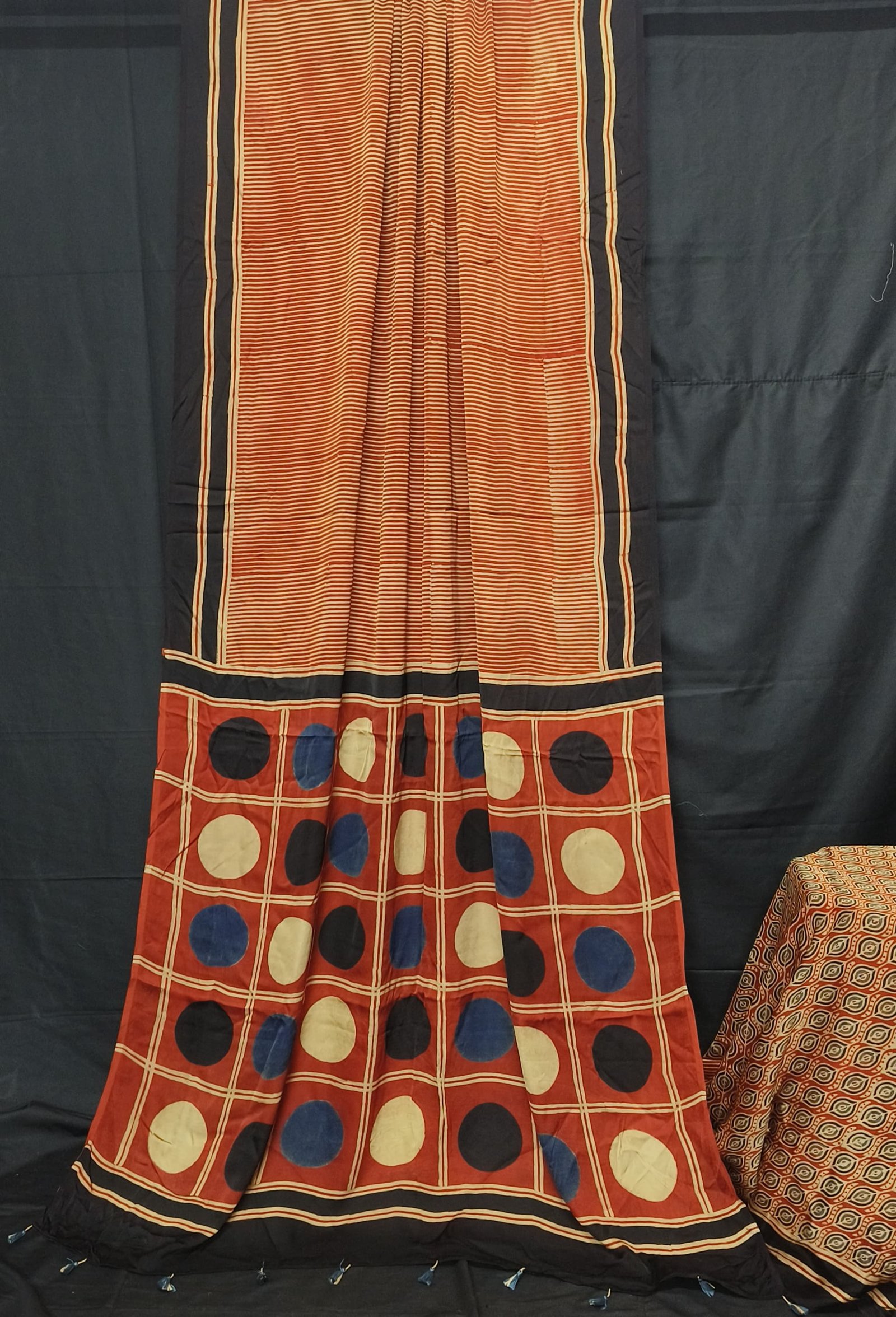 Ajrakh Modal Silk Natural Hand Block Print Saree -Red  