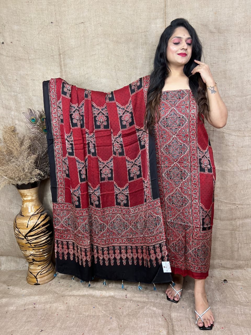 Ajrakh Modal Silk Natural Hand Block Print 2Pcs Suit - Red