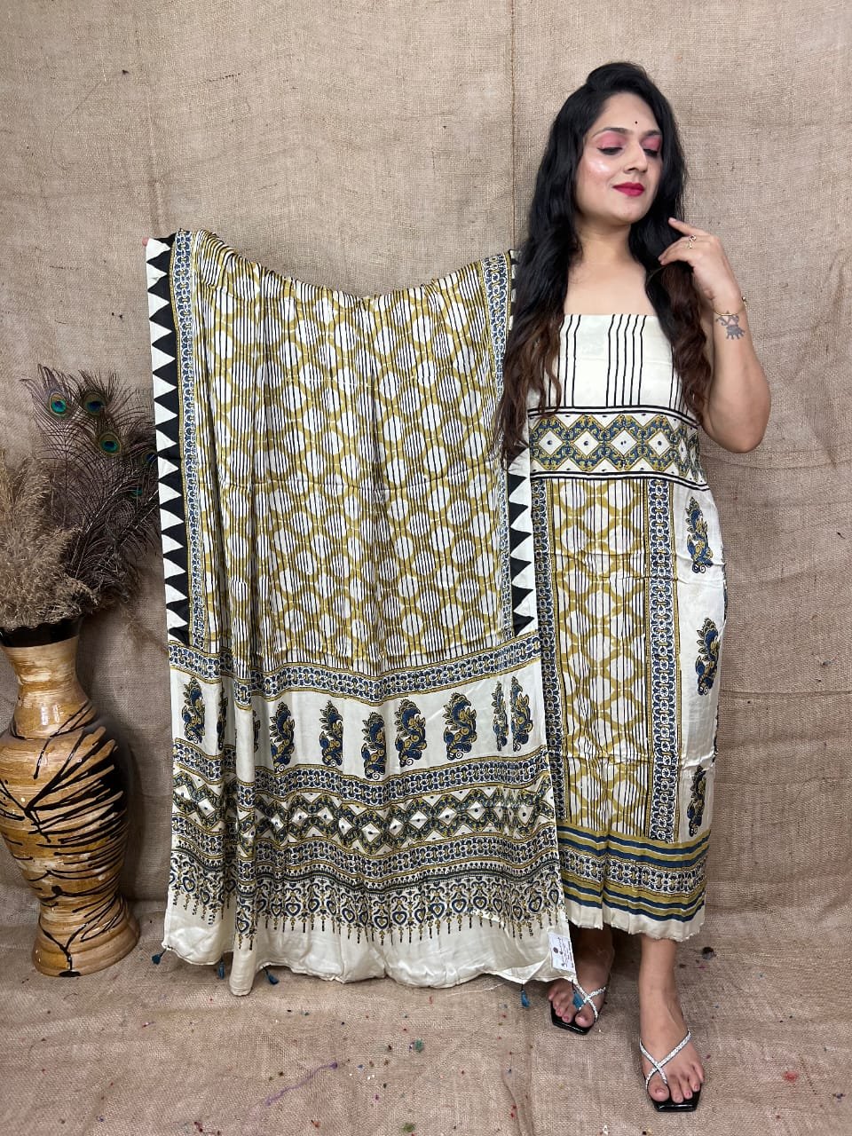 Ajrakh Modal Silk Natural Hand Block Print 2Pcs Suit - Cream & Yallow 