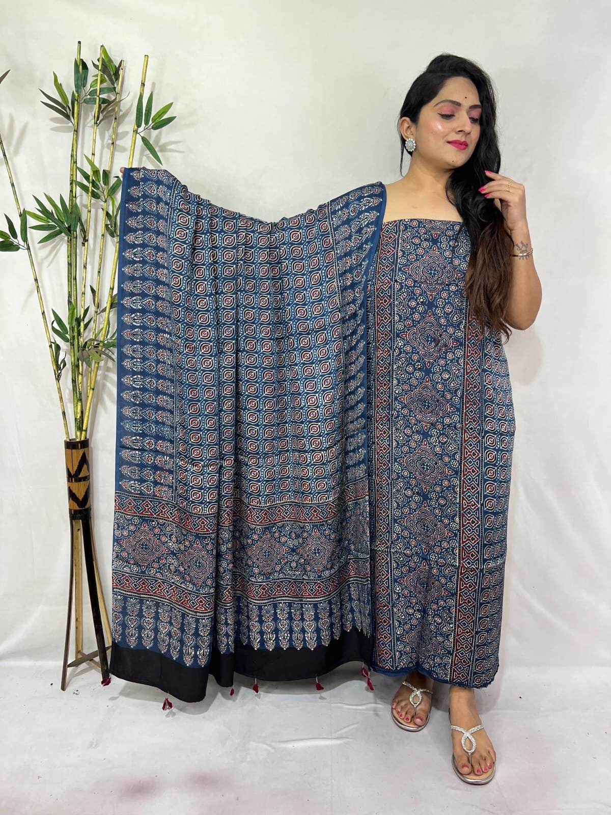 Ajarkh Modal Silk Natural Hand Block Print 2Pcs Suit - Indigo Blue 