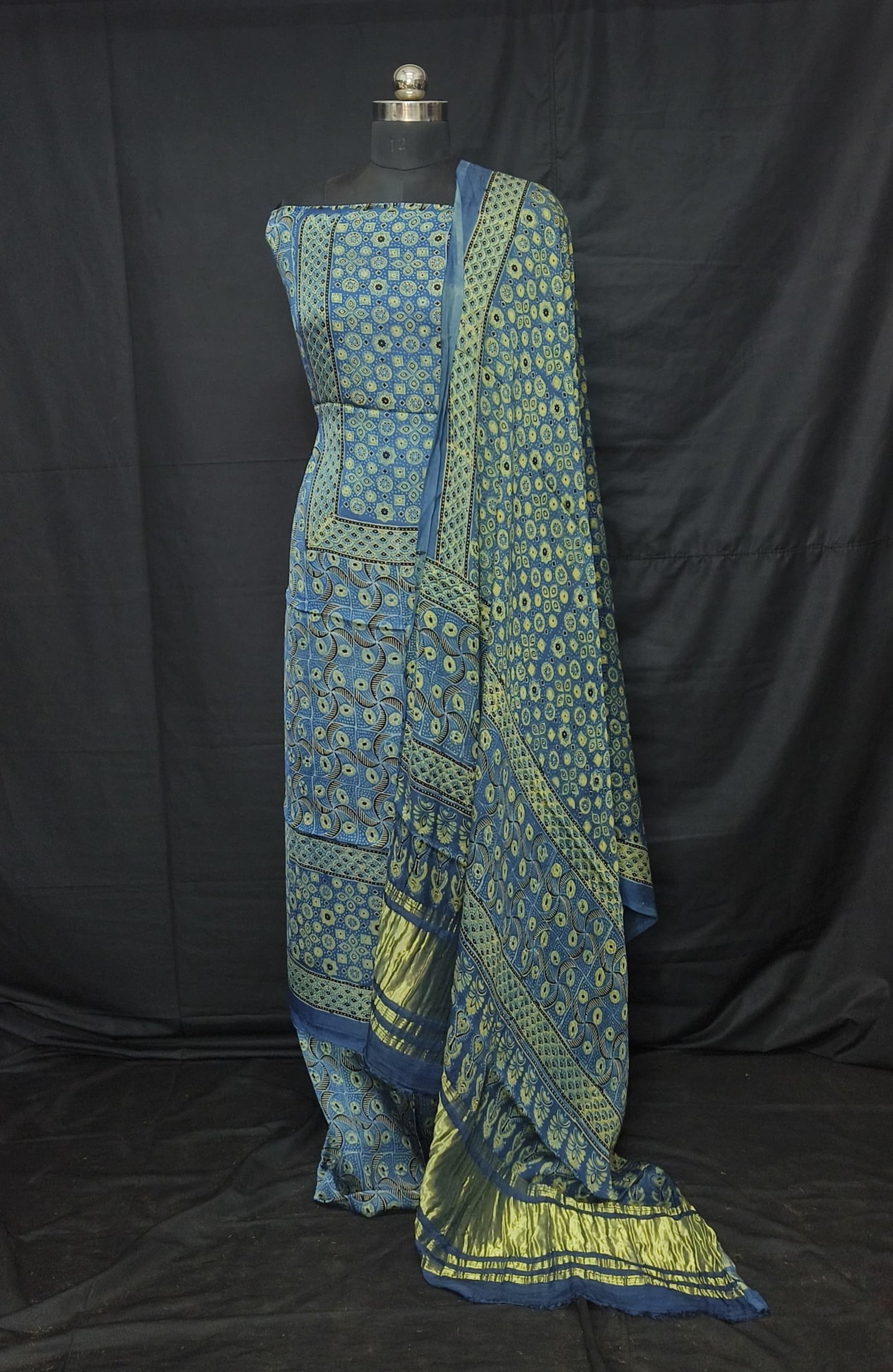 Ajrakh Modal Silk Natural Hand Block Print 3Pcs Suit - Indigo Blue 