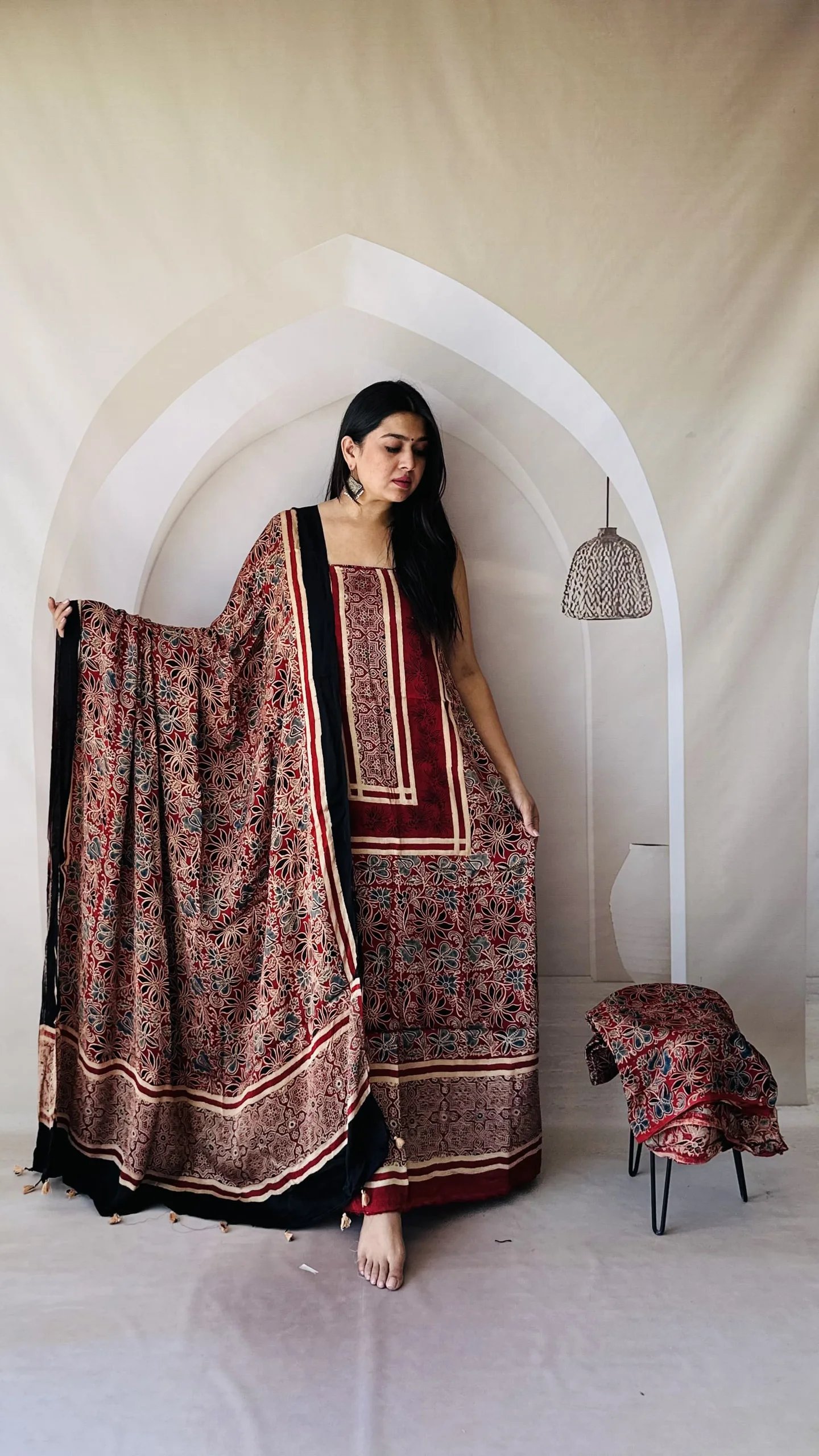 Ajrakh Modal Silk Natural Hand Block Print 3Pcs Suit - Red