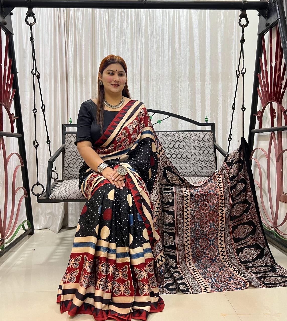 Ajrakh Modal Silk Natural Hand Block Print Saree - Black & Red 