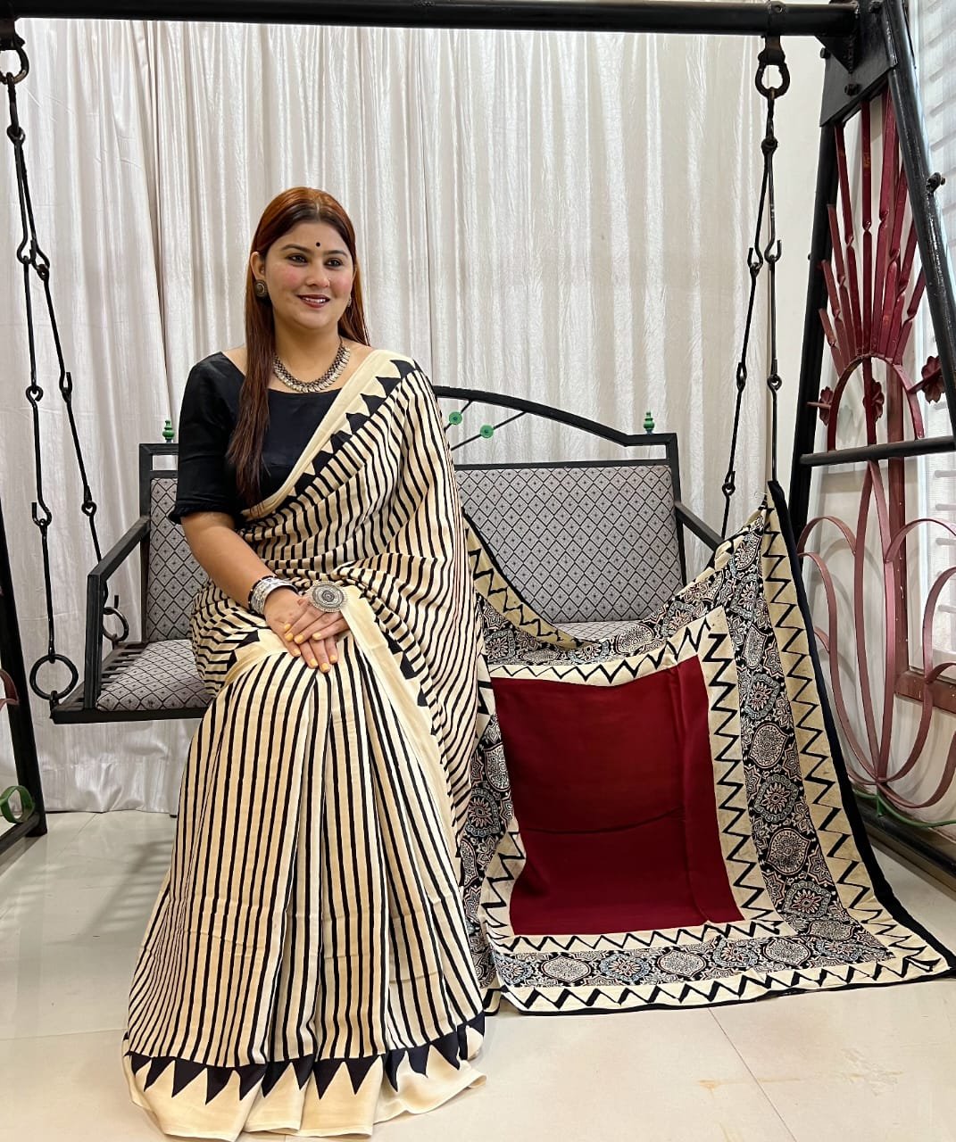 Ajrakh Modal Silk Natural Hand Block Print Saree - Cream 