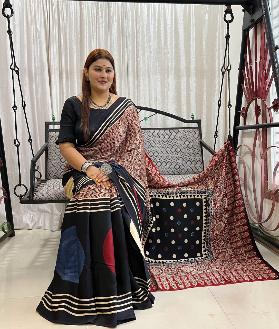 Ajrakh Modal Silk Natural Hand Block Print Saree - Black 