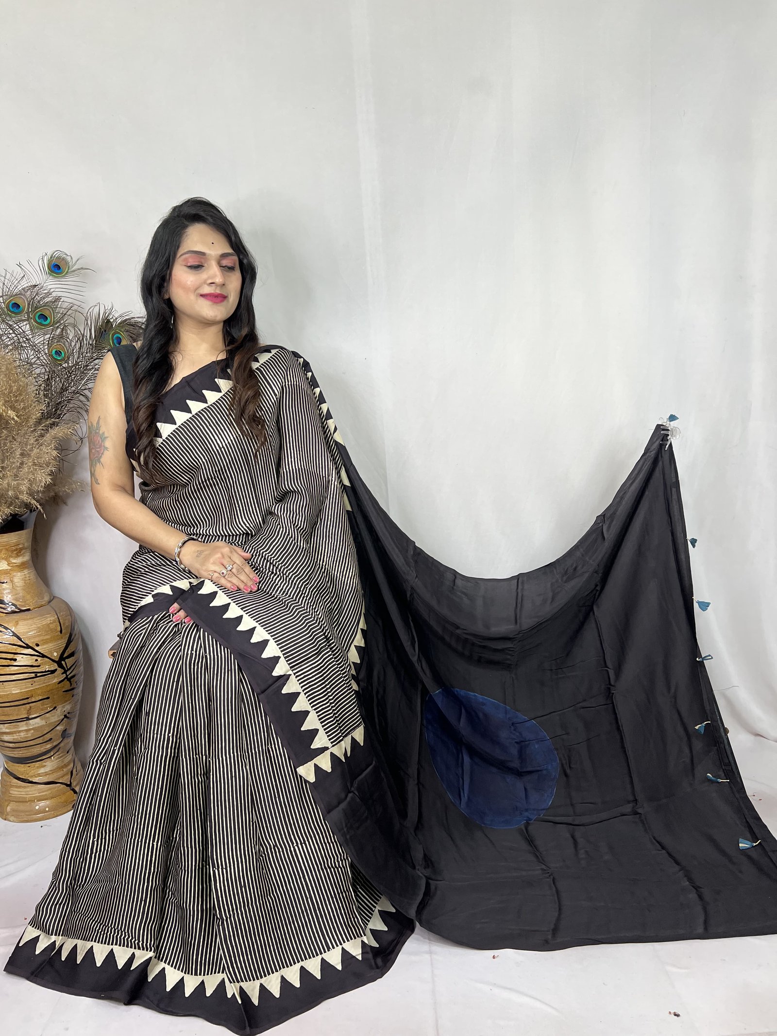 Ajrakh  Modal Silk Natural Hand Block Print Saree - Black 
