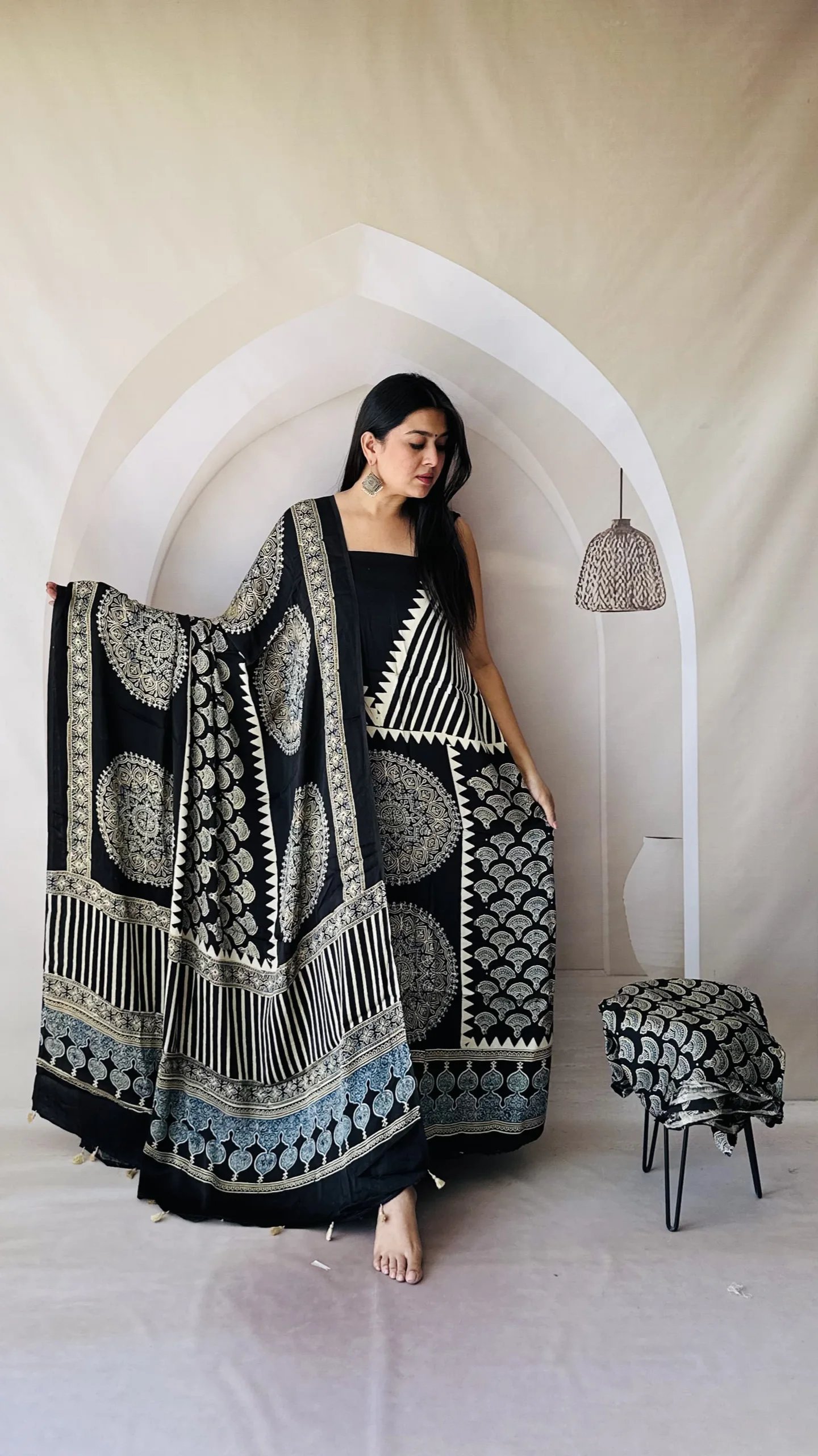 Ajrakh Modal Silk Natural Hand Block Print 3Pcs Suit - Black