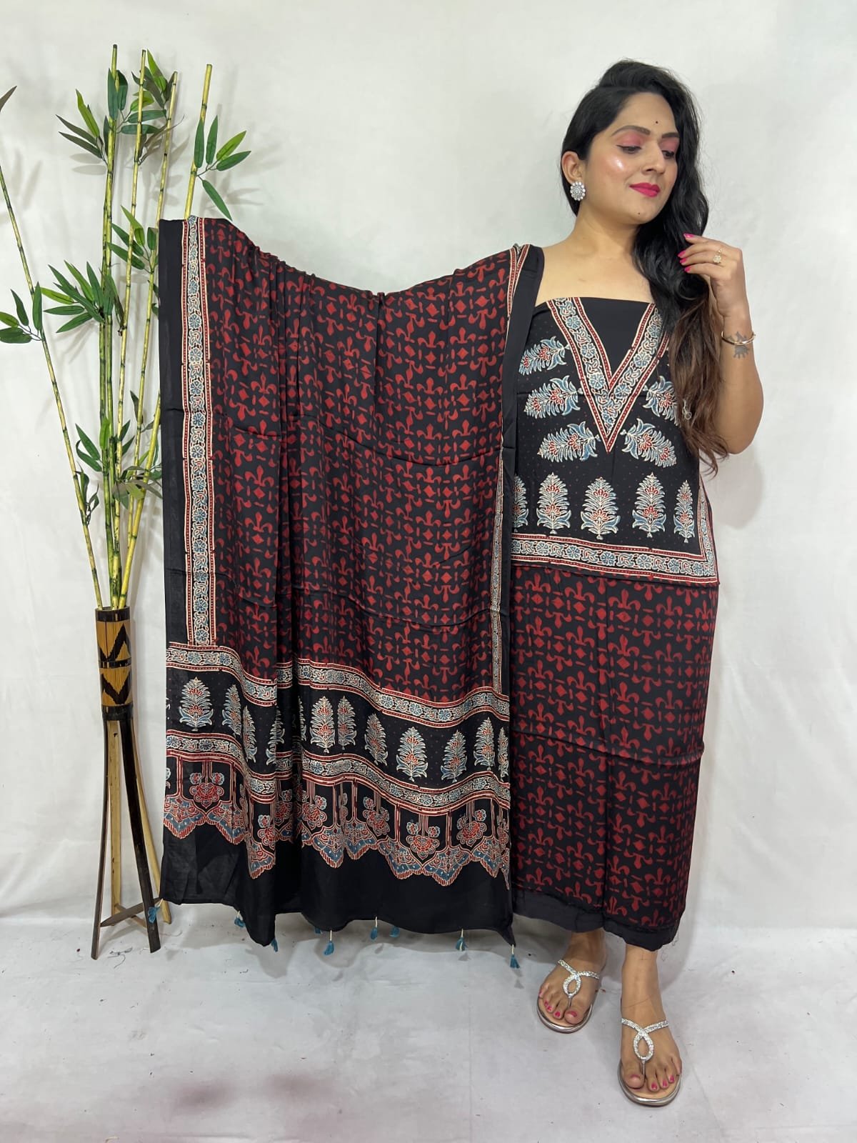 Ajarkh Modal Silk Natural Hand Block Print 2Pcs Suit - Black & Brown 
