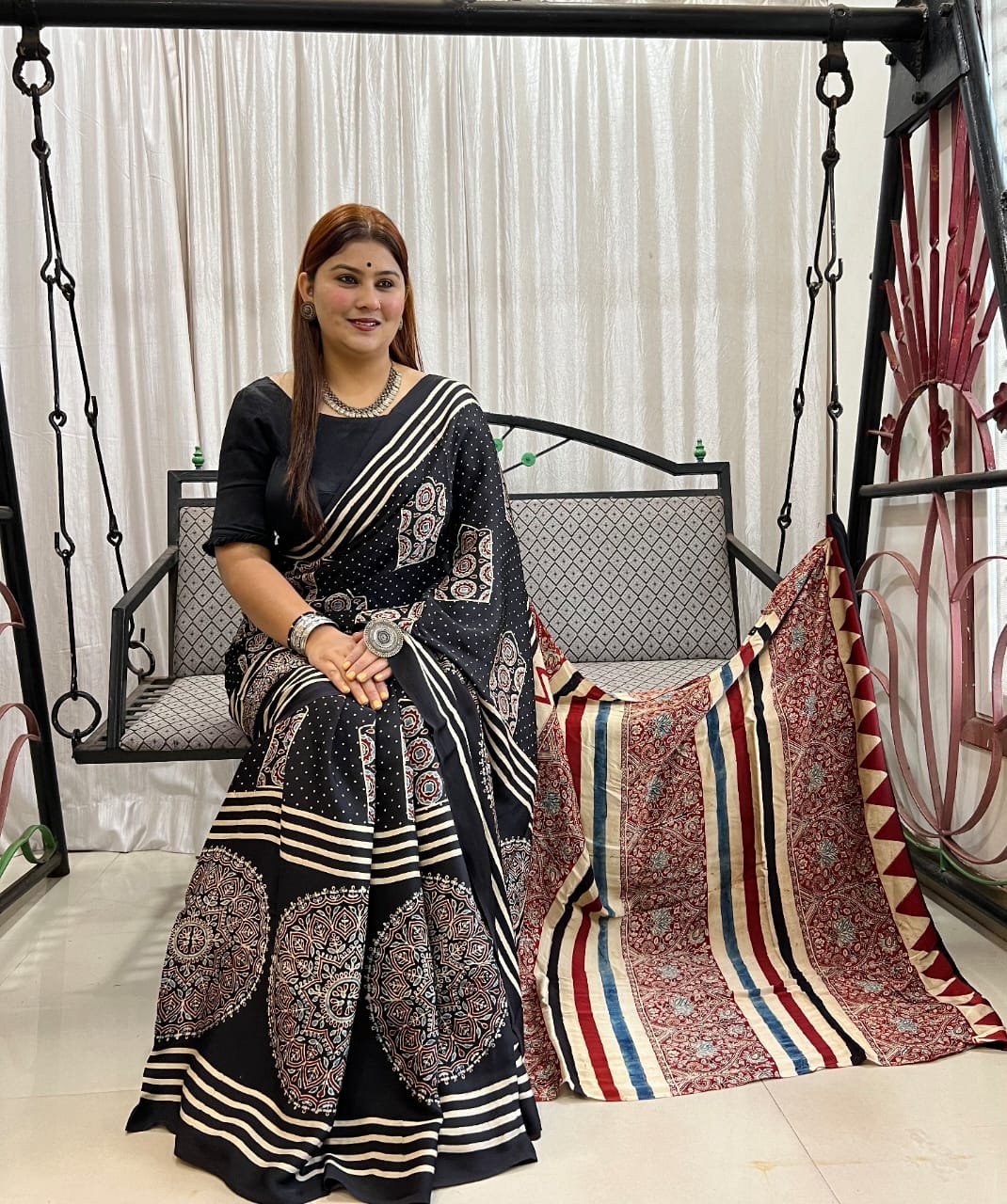 Ajrakh Modal Silk Natural Hand Block Print Saree - Black & Red  