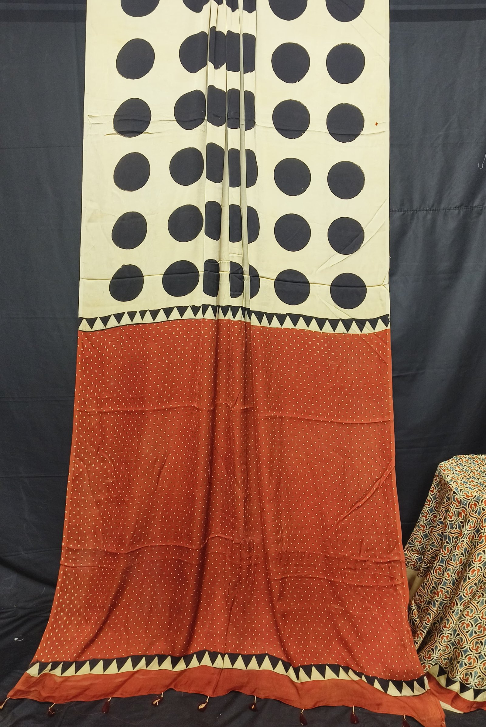 Ajrakh Modal Silk Natural Hand Block Print Saree - Cream &Red