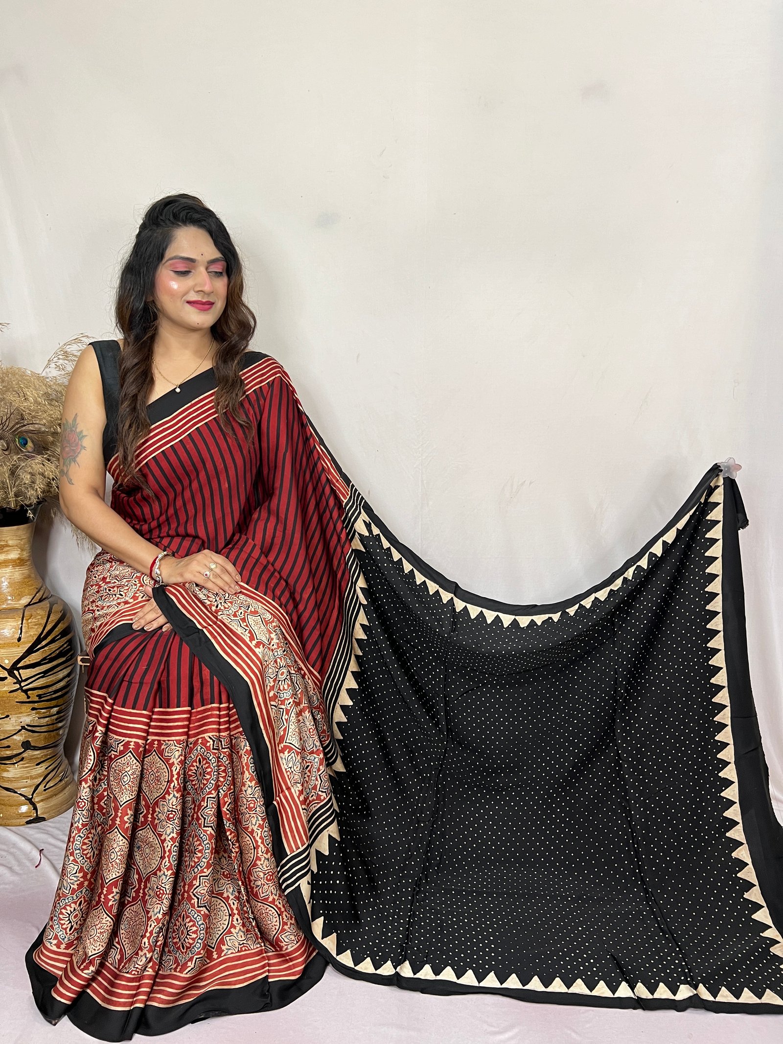 Ajrakh Modal Silk Natural Hand Block Print Saree (Black & Red)