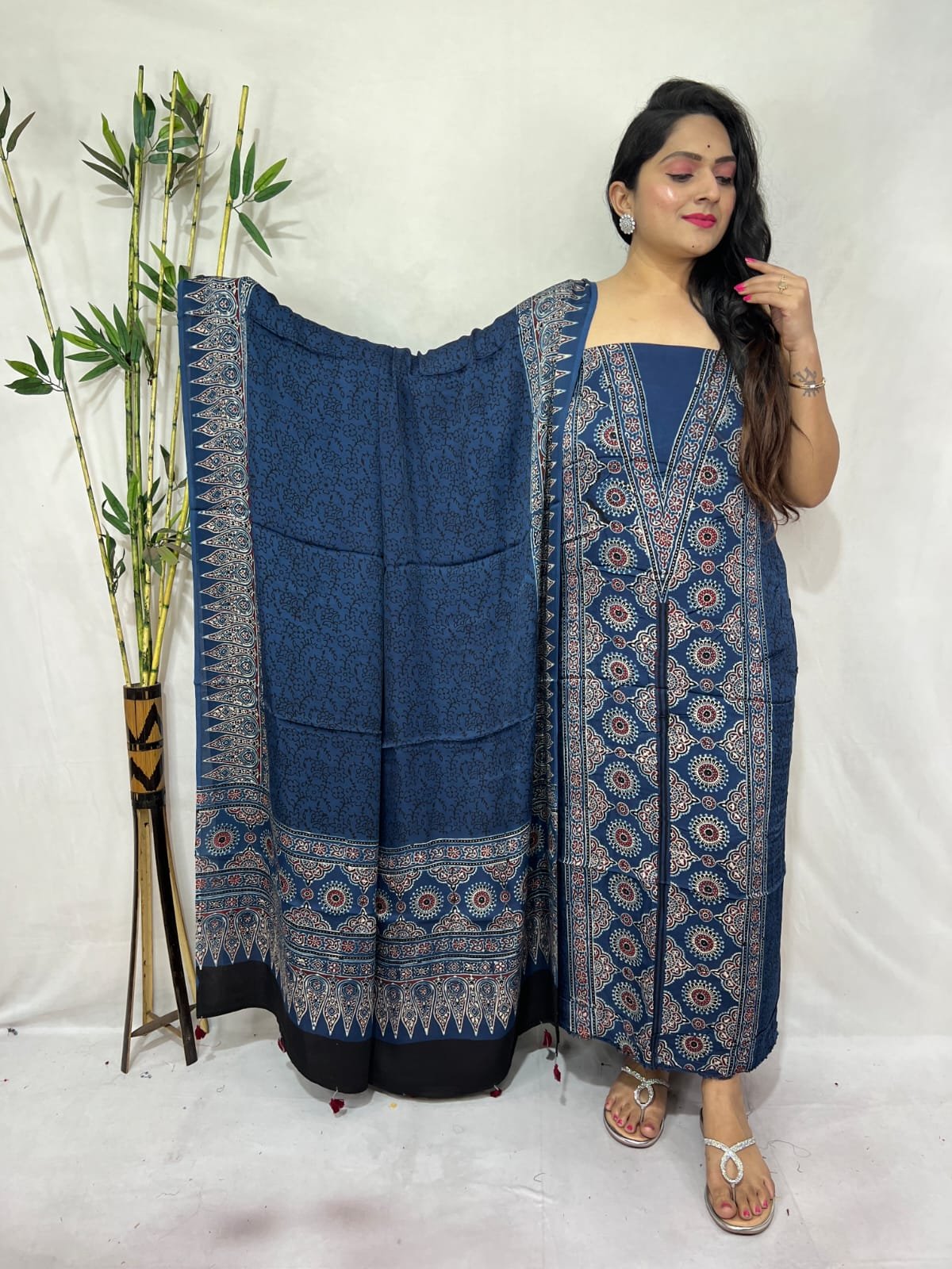 Ajarkh Modal Silk Natural Hand Block Print 2Pcs Suit - Indigo Blue 