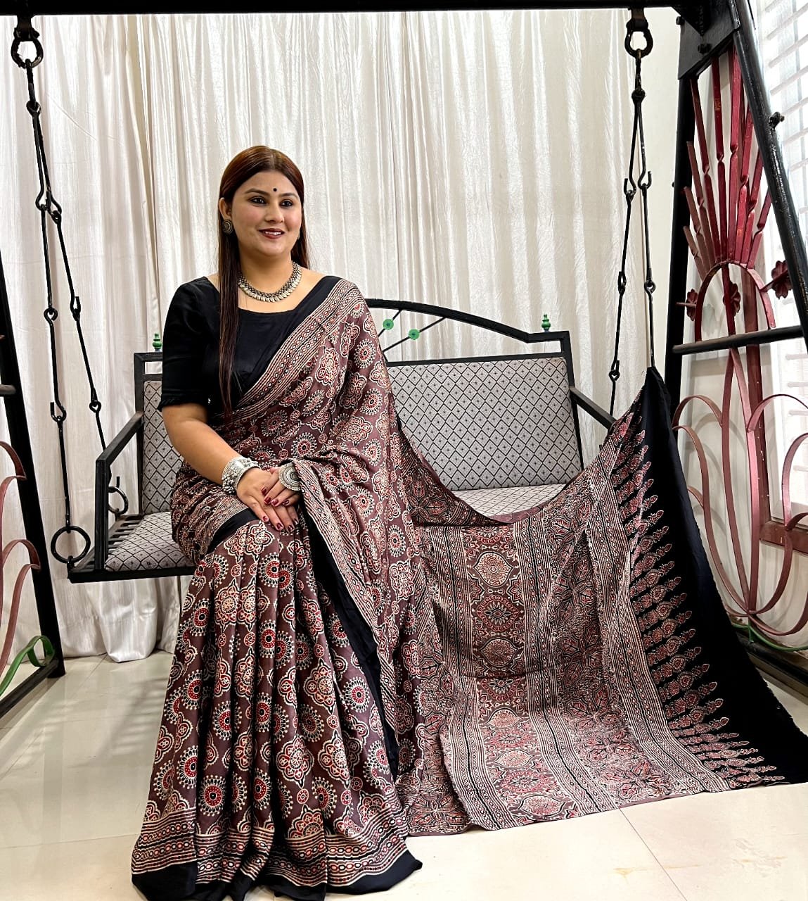 Ajrakh Modal Silk Natural Hand Block Print Saree (Brown)