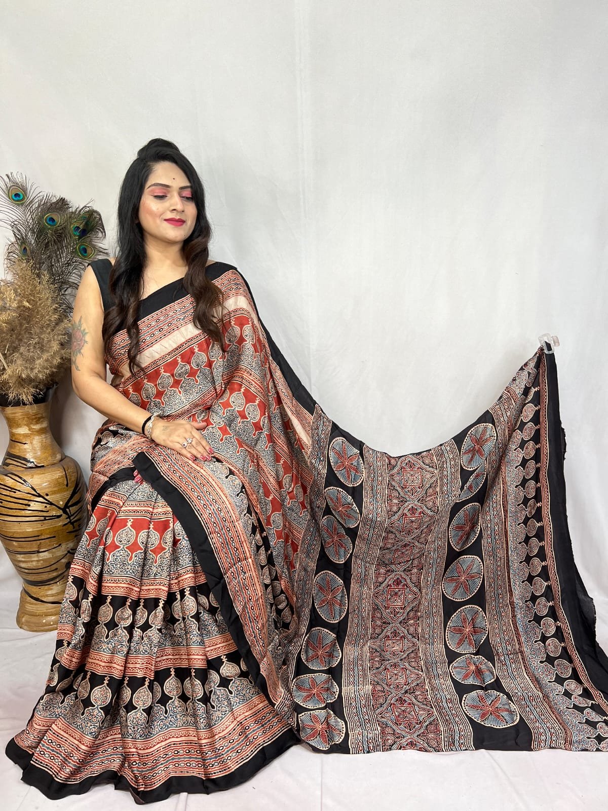 Ajrakh Modal Silk Natural Hand Block Print Saree - Red