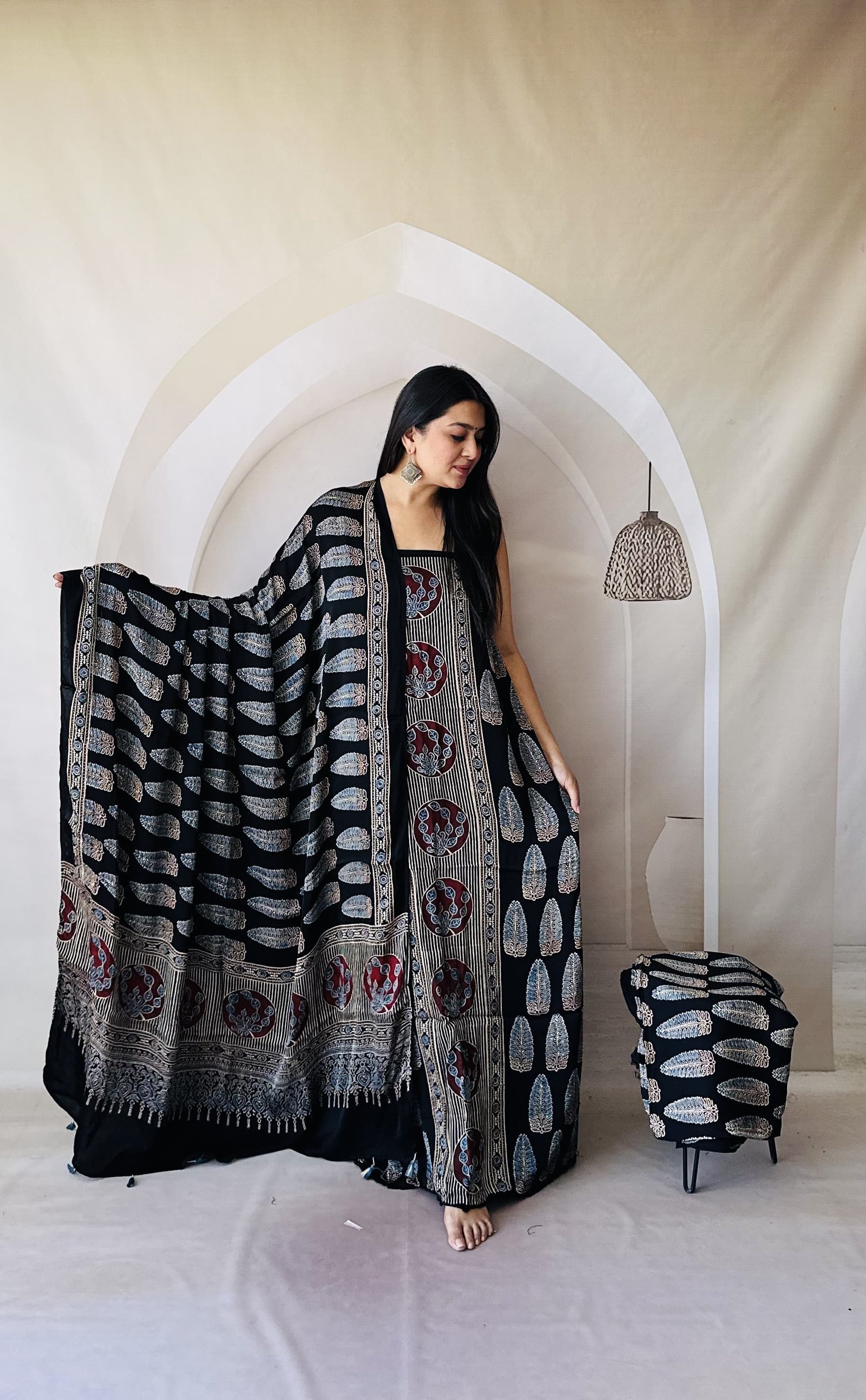 Ajrakh Modal Silk Natural Hand Block Print 3Pcs - Black 